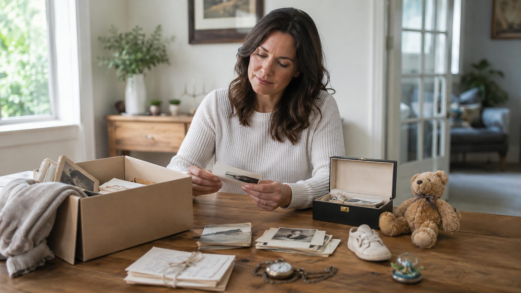 Femme triant des souvenirs personnels, photos anciennes, lettres et objets affectifs sur une table pour identifier les objets à forte valeur sentimentale à conserver