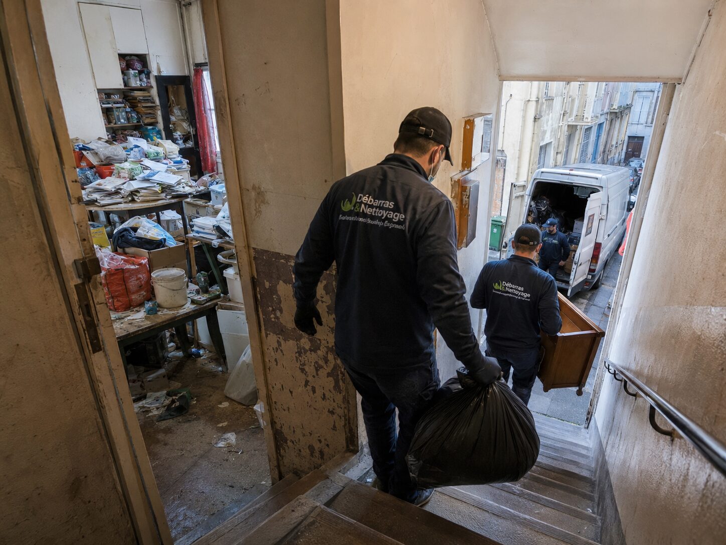 Équipe de nettoyage Diogène évacuant des déchets dans un immeuble sans ascenseur avec accès difficile en ruelle étroite