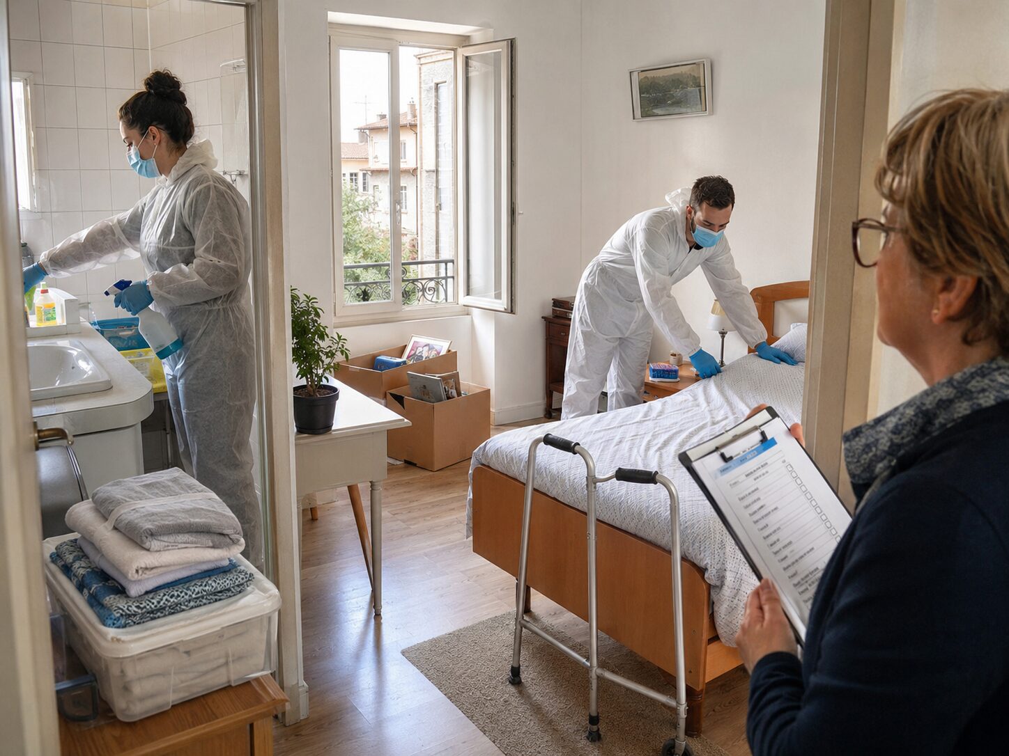 Professionnels assainissant un logement avant le retour à domicile d’un résident hospitalisé