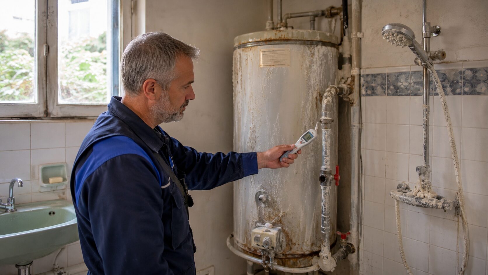 Plombier inspectant un ballon d’eau chaude entartré et une douche calcaire pour détecter un risque de légionelle dans un logement