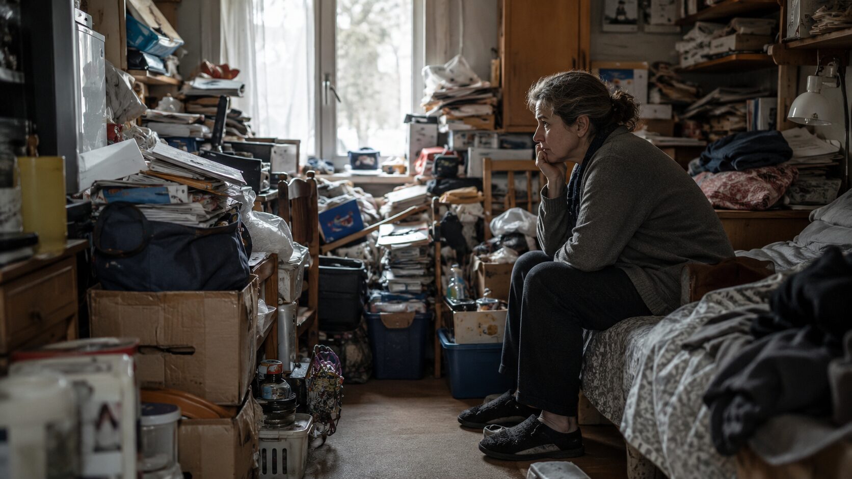 Personne assise dans un logement encombré par des objets accumulés, illustrant la conservation compulsive et sa signification clinique selon les troubles associés.
