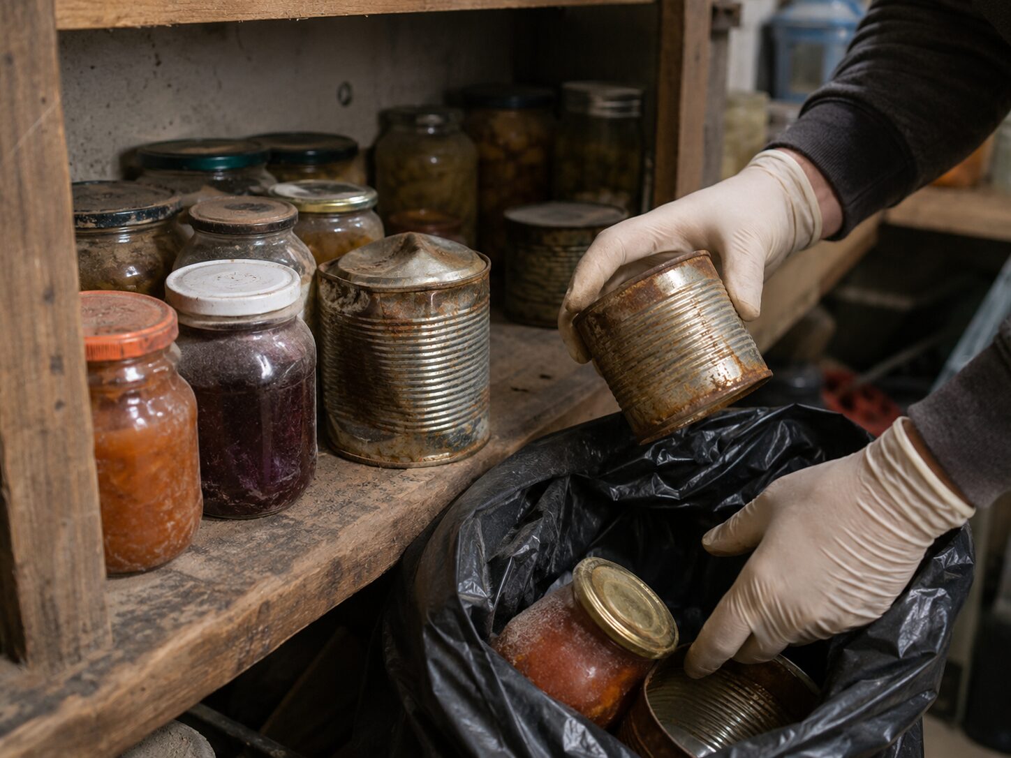 Personne portant des gants triant des conserves bombées et bocaux anciens dans un garde-manger pour éviter les risques alimentaires