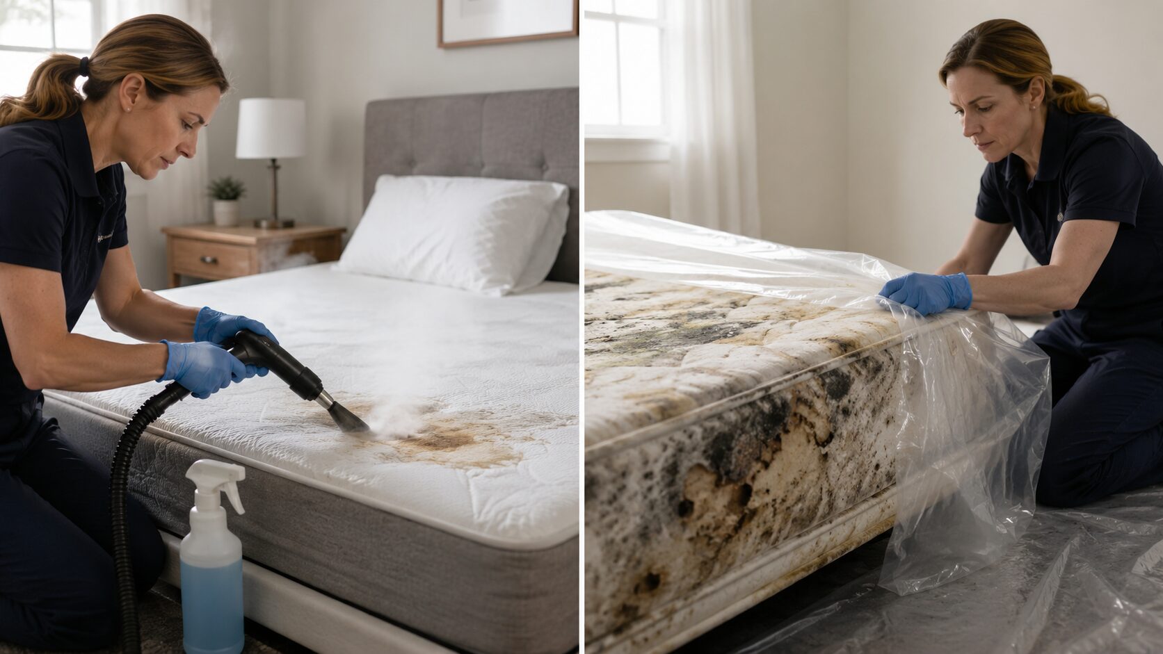 Professionnelle inspectant une literie contaminée pour déterminer si le matelas peut être traité à la vapeur et aux enzymes ou doit être évacué