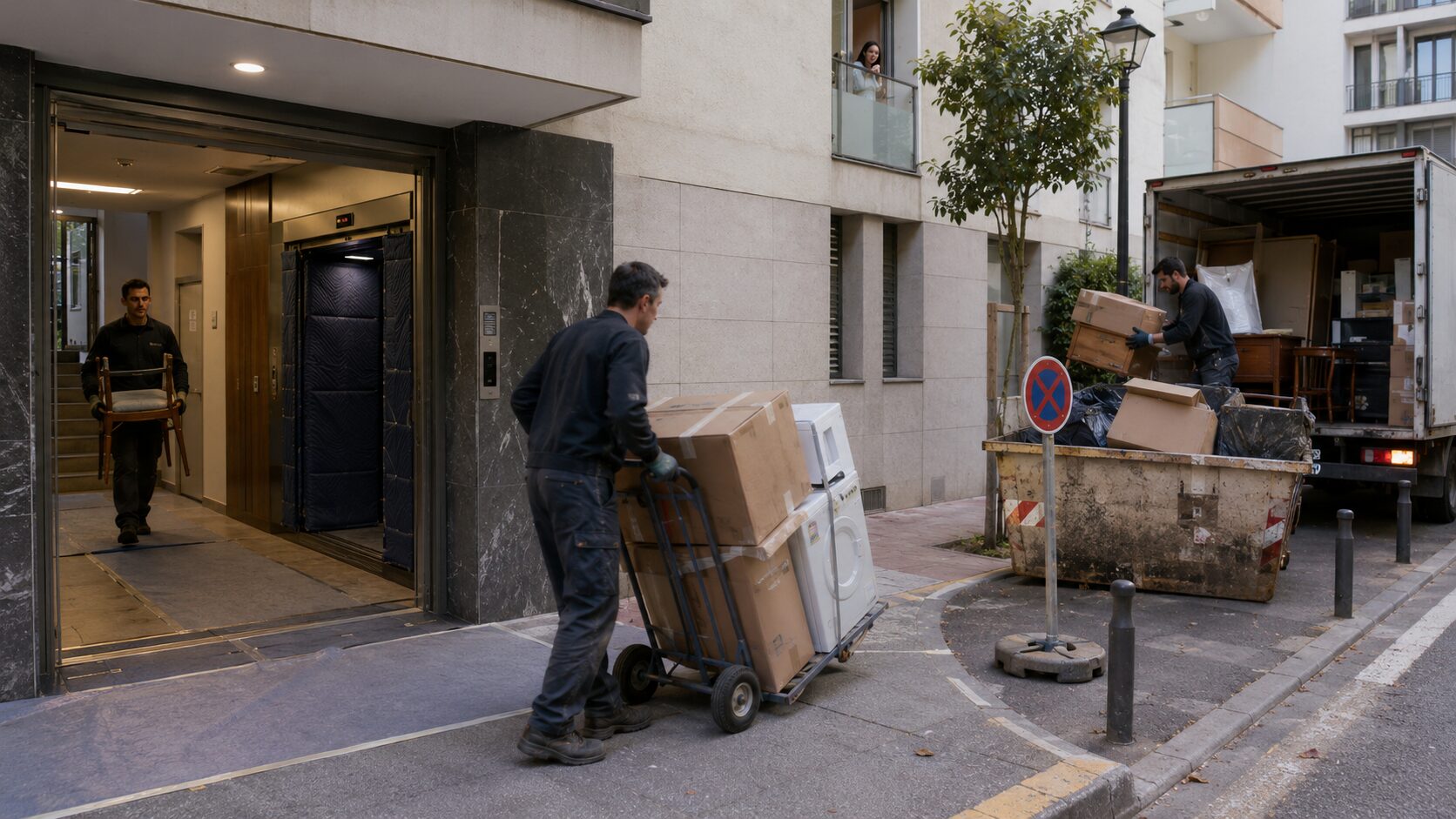 Équipe de professionnels organisant un débarras en immeuble avec benne, camion de chargement, stationnement réservé et ascenseur protégé.