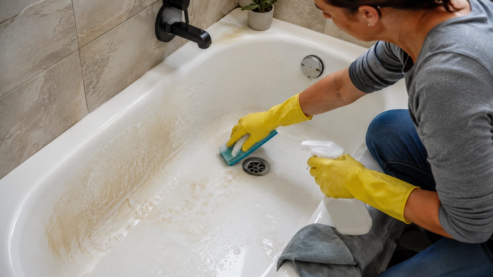 Personne avec des gants jaunes nettoyant une baignoire tachée par des dépôts minéraux, du calcaire et du savon oxyde