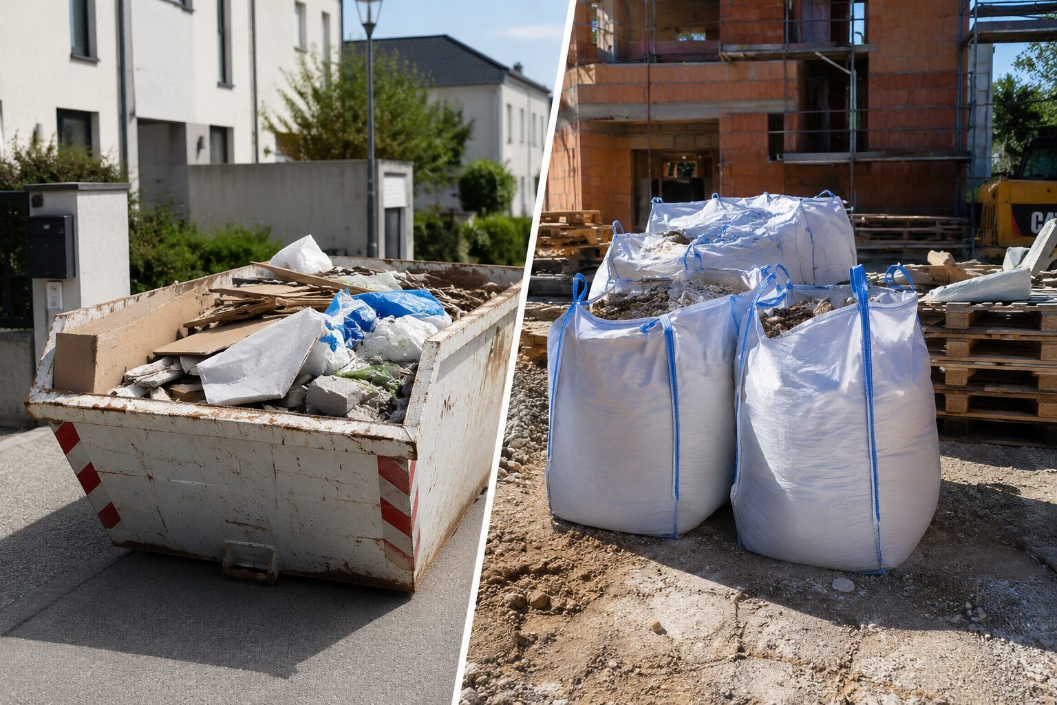 Comparaison entre une benne remplie de déchets de chantier et des big-bags de gravats sur un chantier de construction
