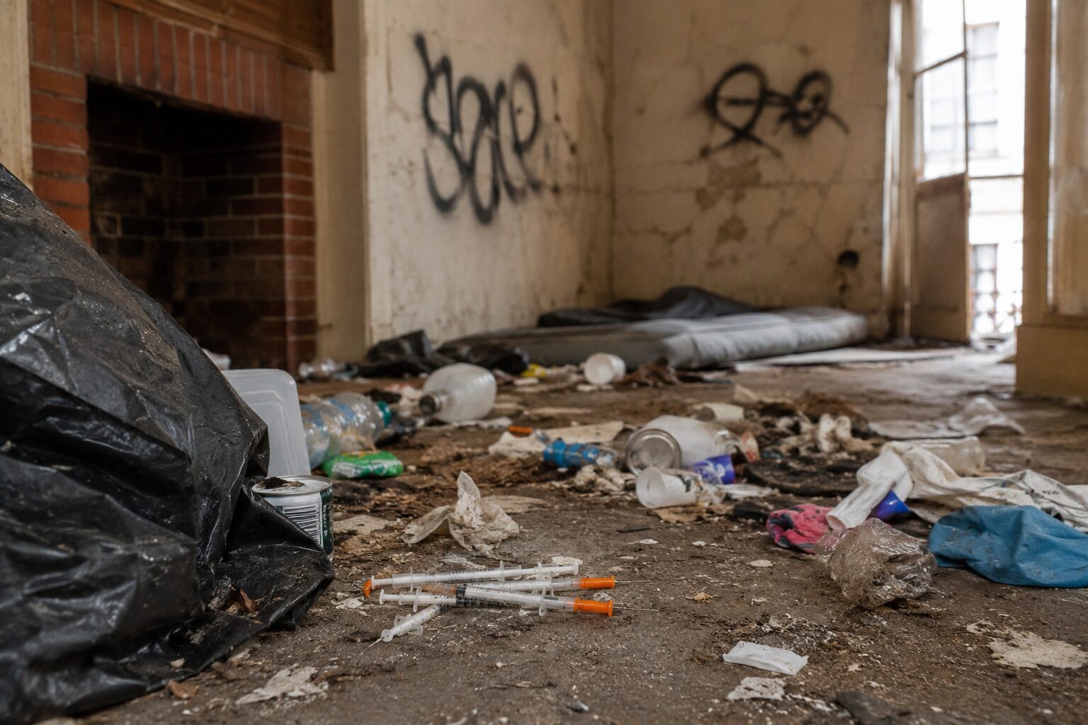 Logement insalubre après un squat avec déchets, seringues au sol, murs dégradés et traces d’occupation illicite