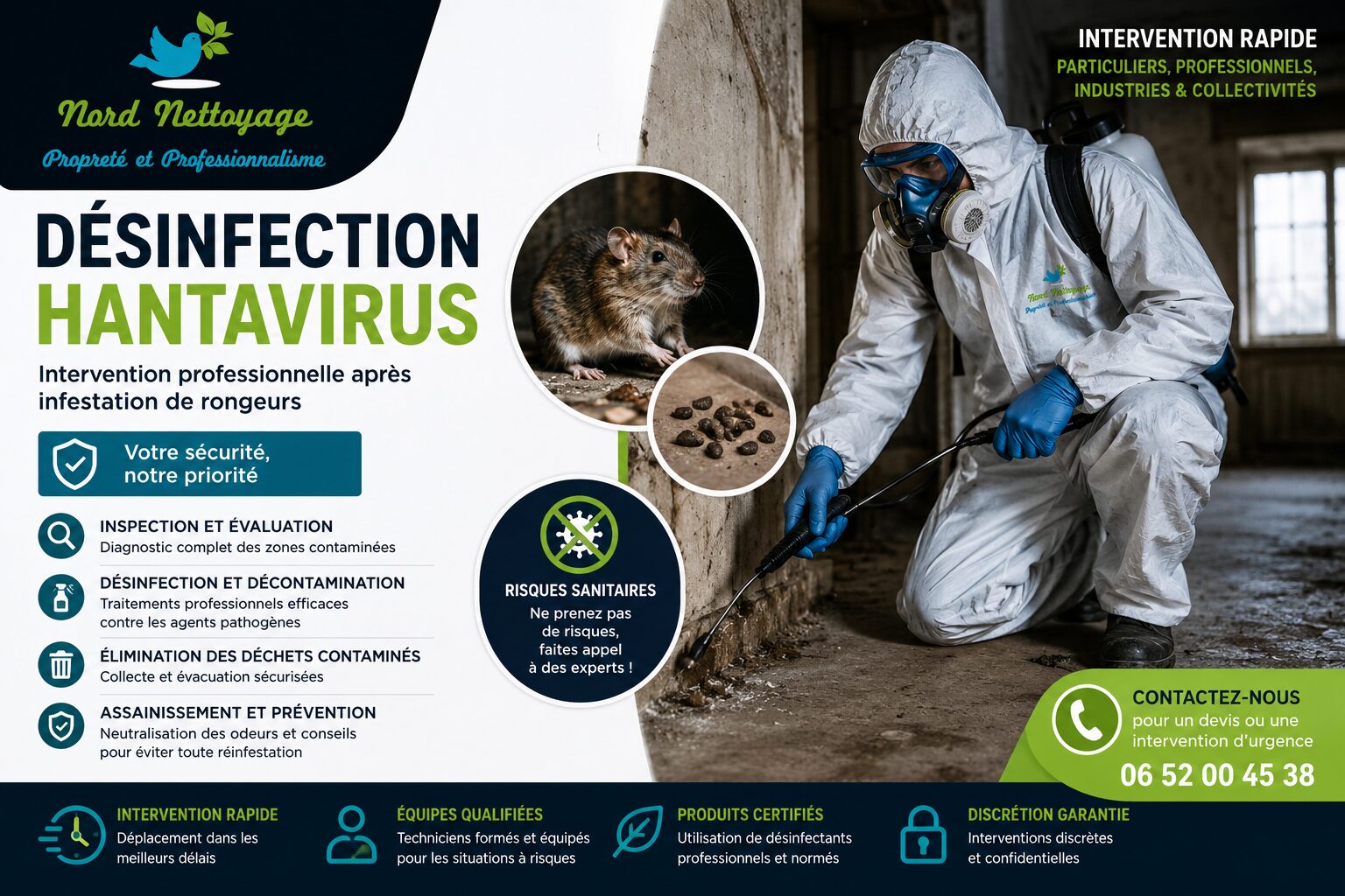NORD NETTOYAGE intervient pour la désinfection hantavirus après infestation de rongeurs avec équipement professionnel et traitement sanitaire.