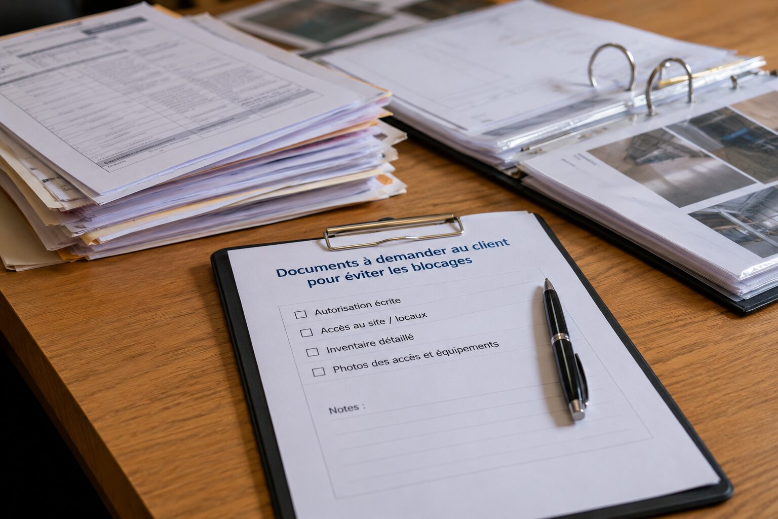 Documents client organisés avec autorisation, accès, inventaire et photos pour préparer une intervention sans blocage