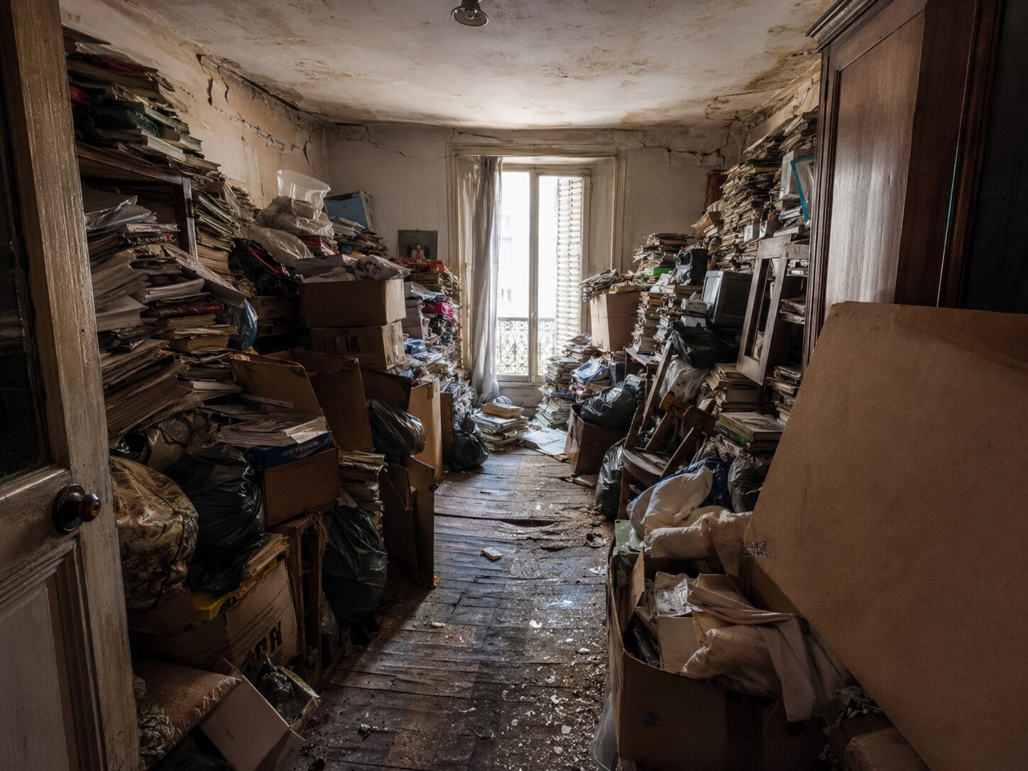 Logement Diogène très encombré avec piles de papiers, cartons, sol déformé et fissures indiquant un risque d’effondrement par surcharge