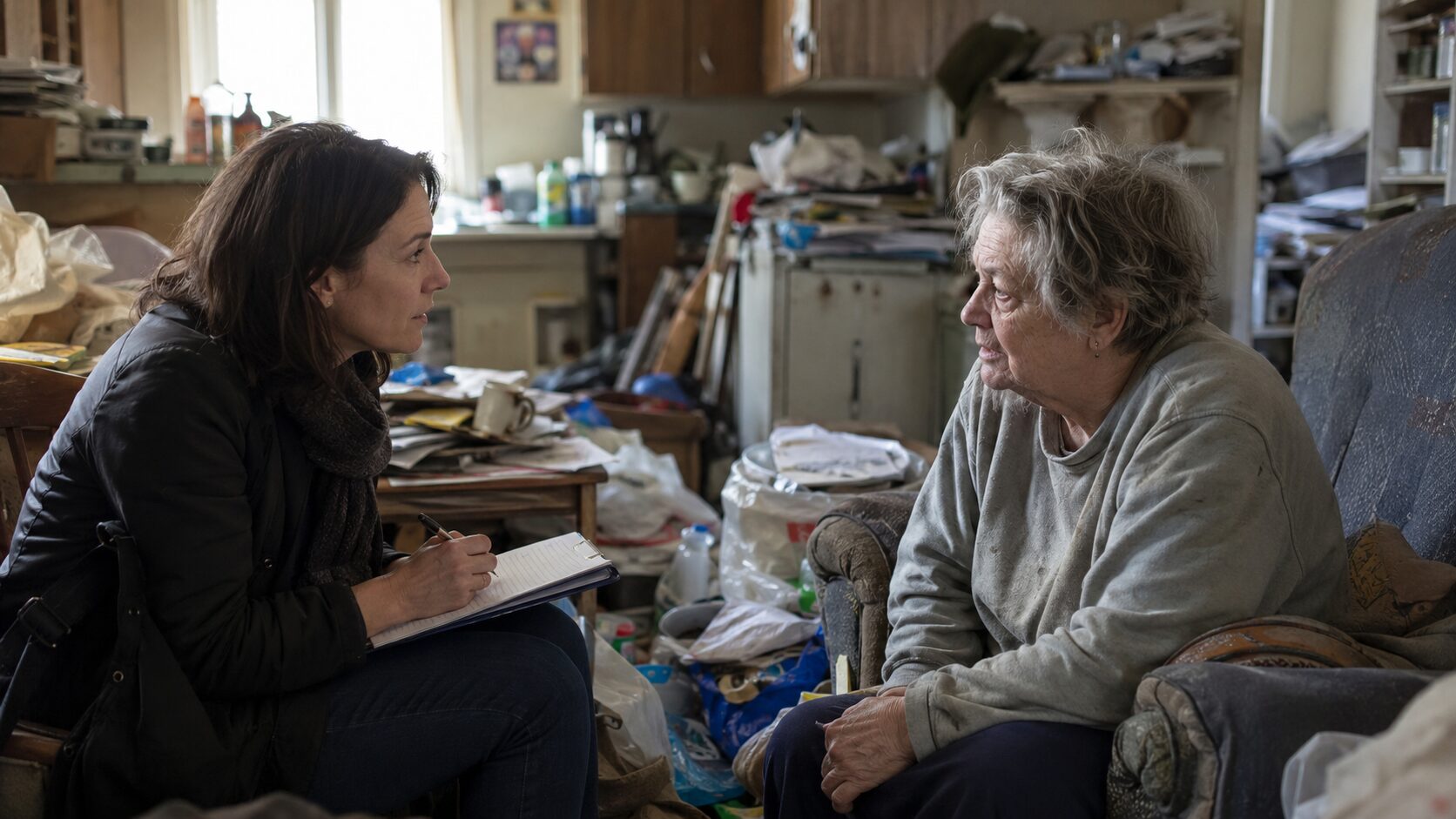 Professionnelle médico-sociale menant un entretien clinique avec une personne en situation d’incurie dans un logement encombré