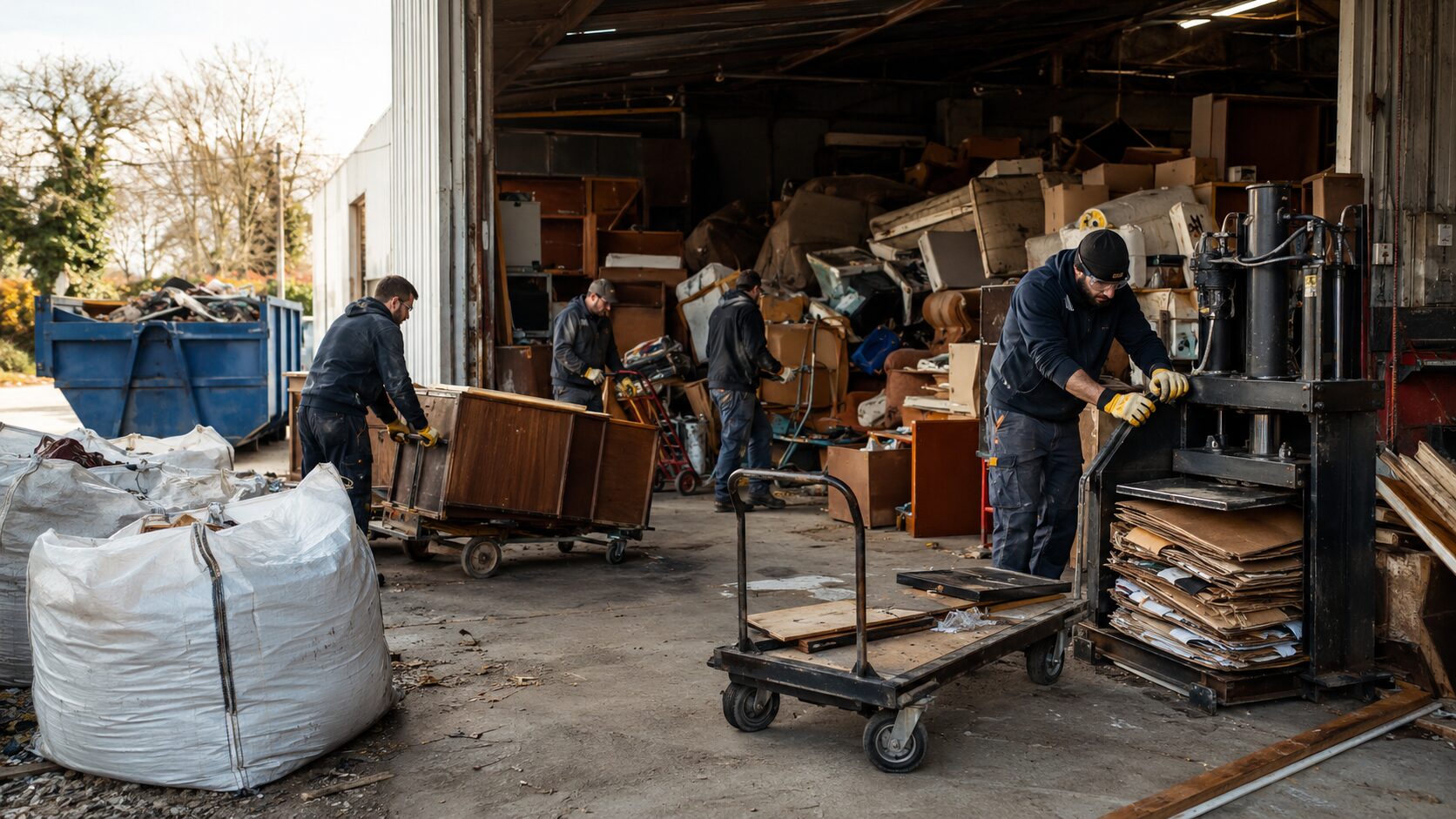 Équipe de professionnels réalisant un débarras extrême avec benne, big-bags, compacteur et chariots de manutention