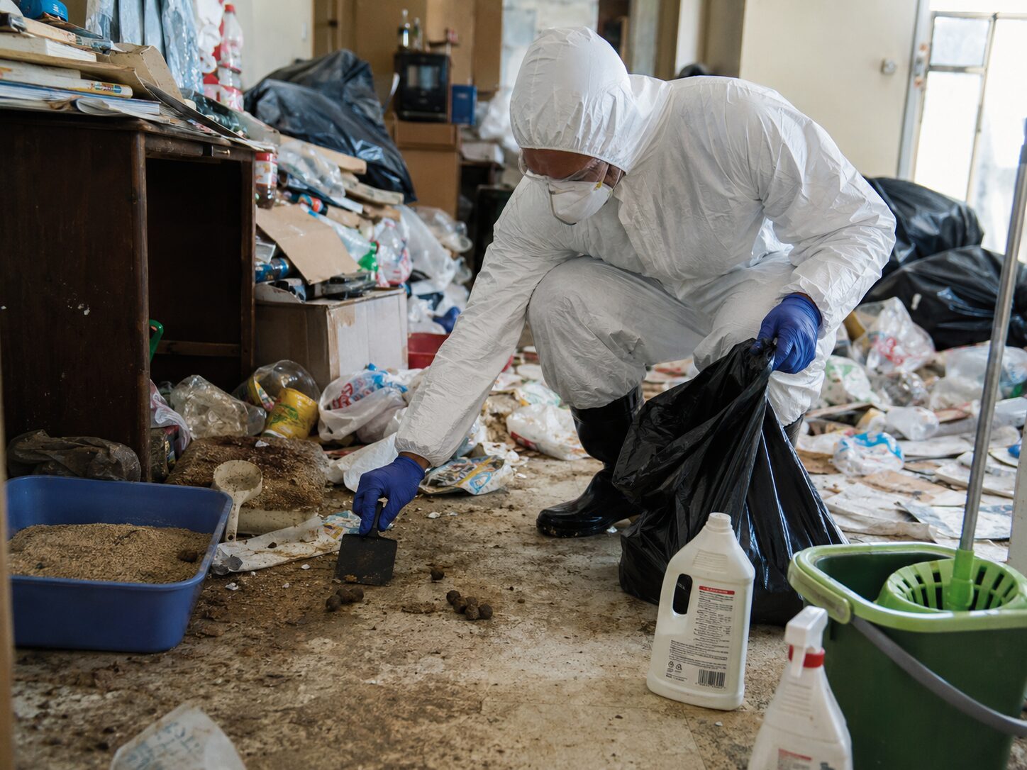 Technicien équipé d’une combinaison de protection nettoyant des excréments d’animaux mélangés à des déchets ménagers dans un logement Diogène insalubre.