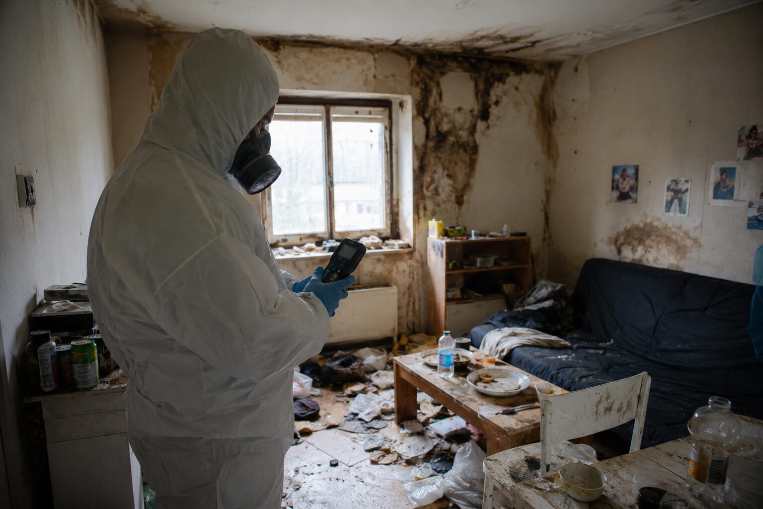 Professionnel en combinaison de protection inspectant un logement très insalubre avec moisissures, déchets et risques d’exposition aux endotoxines