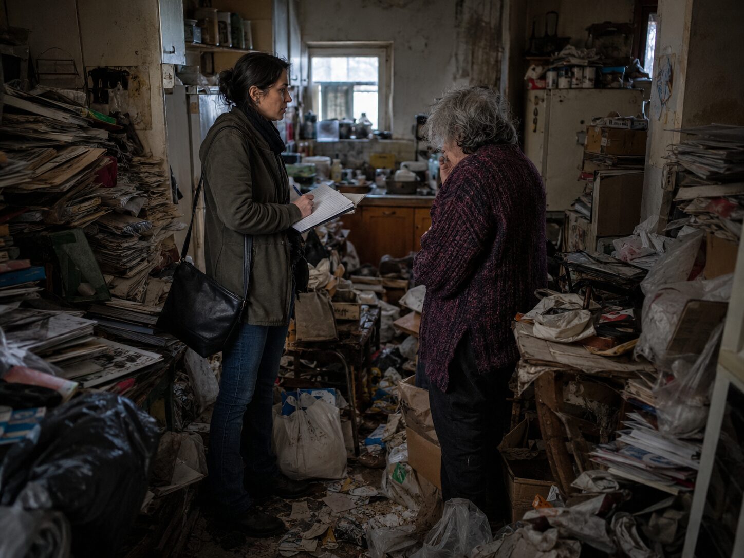 Professionnelle évaluant avec empathie une situation d’incurie extrême dans un logement très encombré afin d’adapter la stratégie d’intervention.