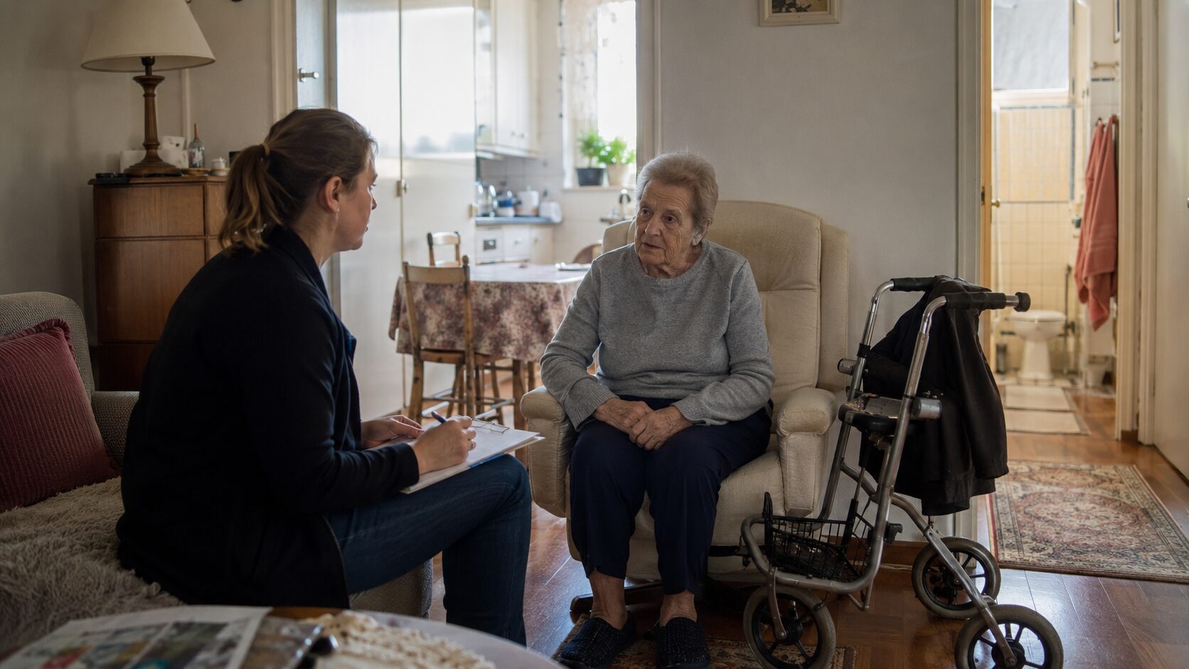Professionnelle de santé échangeant avec une patiente âgée à domicile pour évaluer l’état du logement, la mobilité et les besoins d’adaptation