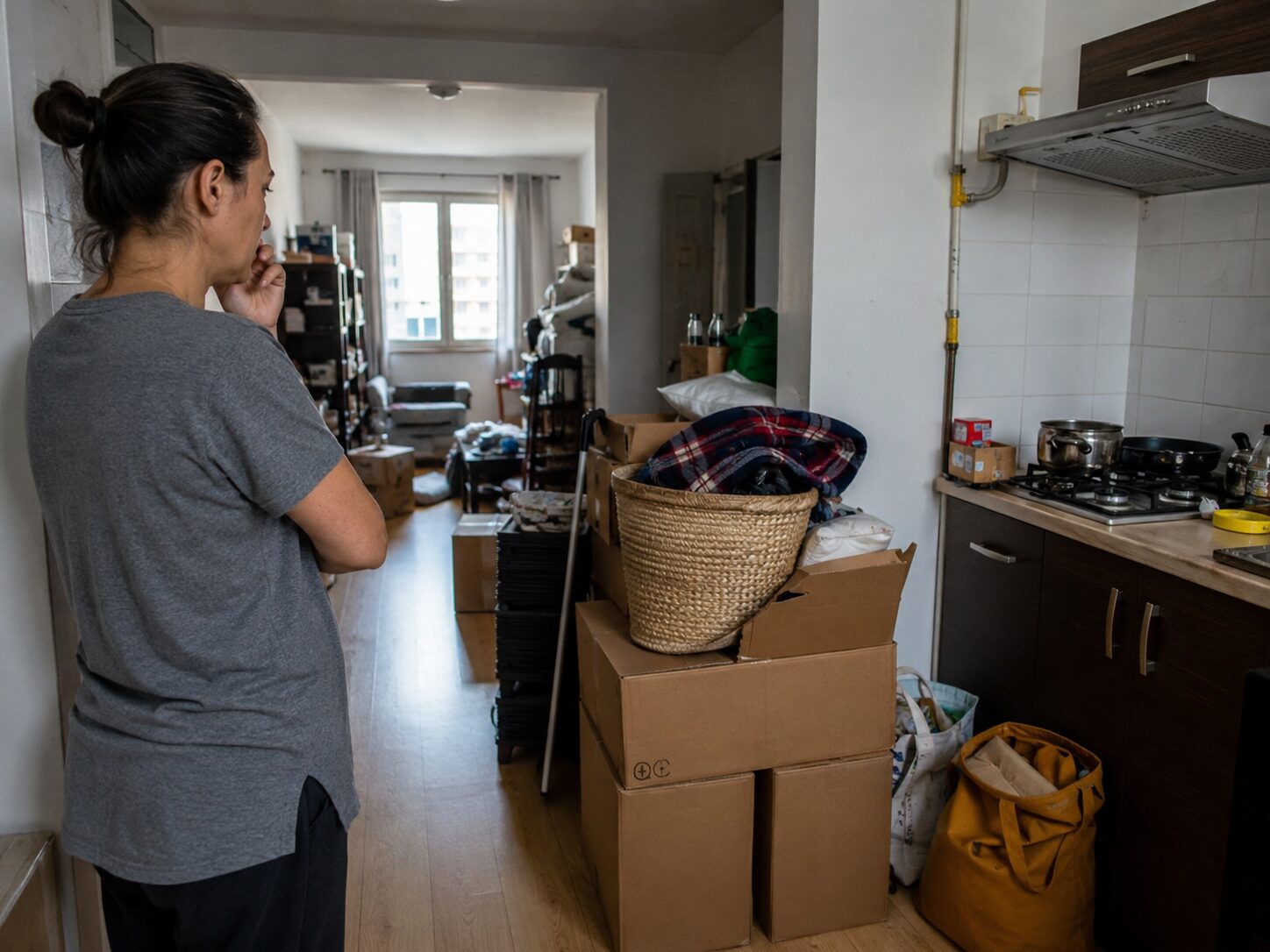 Personne inquiète repérant un risque de fuite de gaz dans un appartement encombré avant d’ouvrir les fenêtres