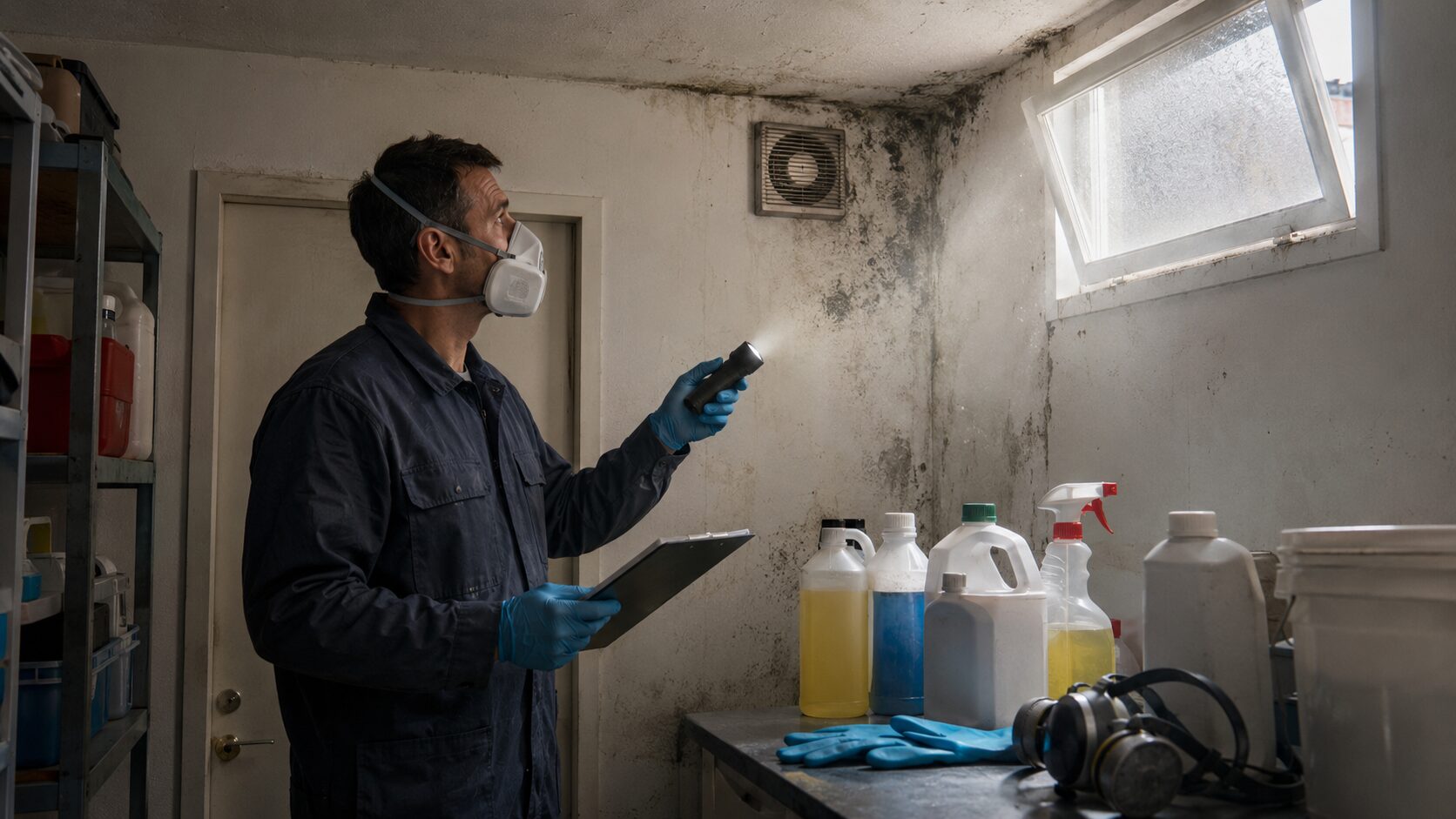 Technicien inspectant un local mal ventilé avec moisissures, produits chimiques, solvants et équipement de protection