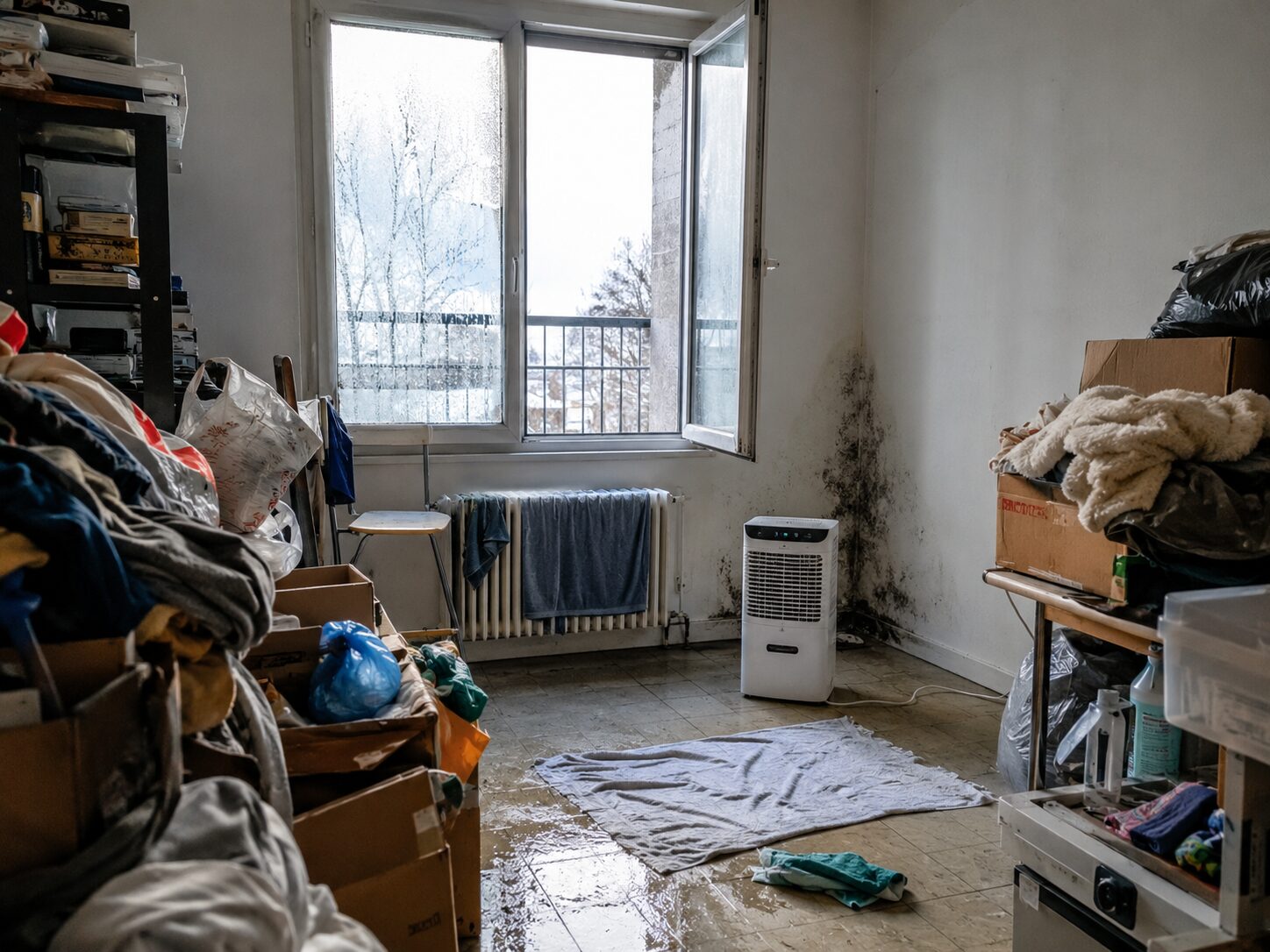 Logement Diogène en hiver avec humidité, fenêtre entrouverte, moisissures, encombrement et déshumidificateur pour assainir l’air intérieur