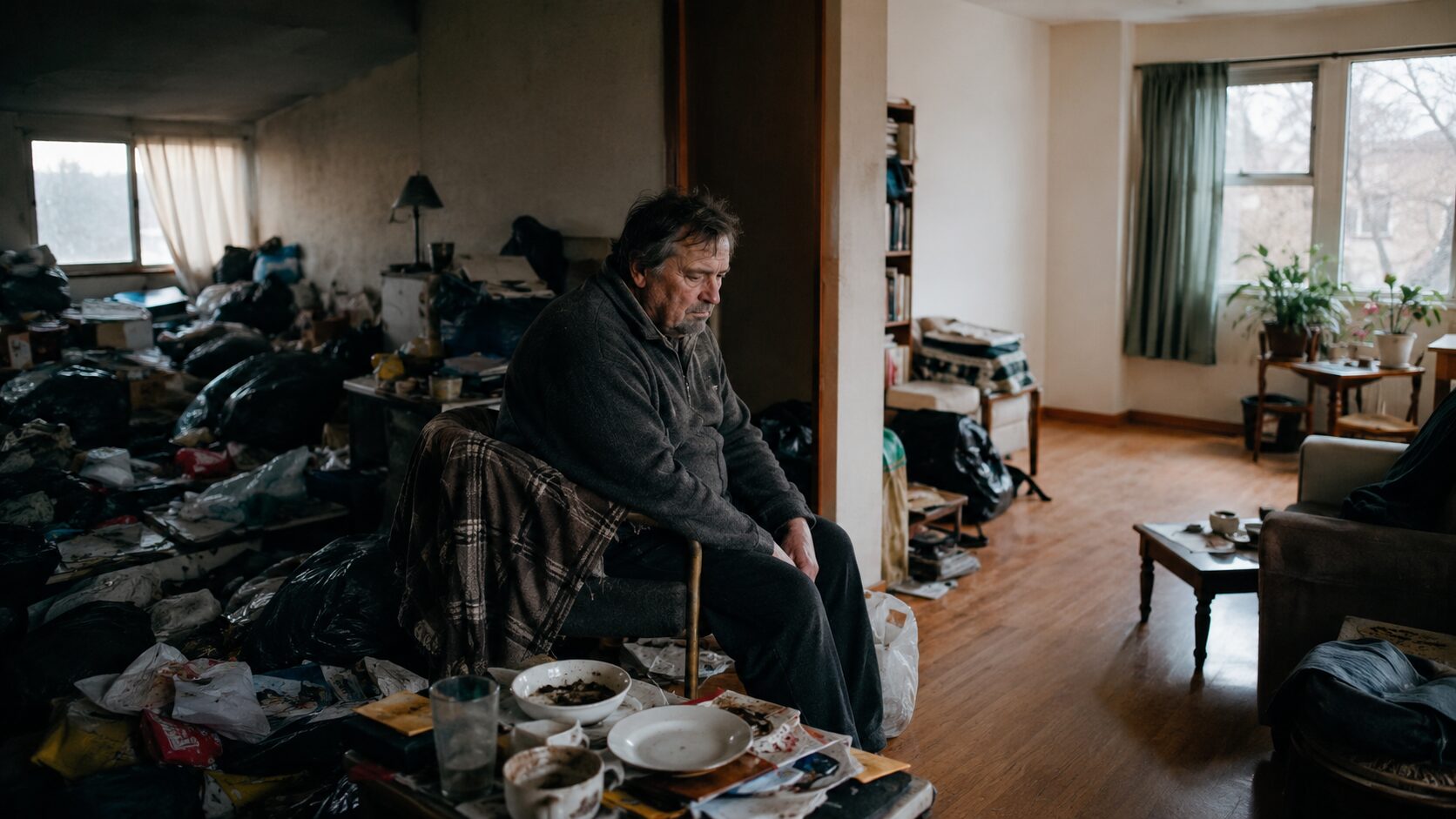 Homme assis dans un logement très encombré illustrant une situation d’incurie avancée et d’isolement