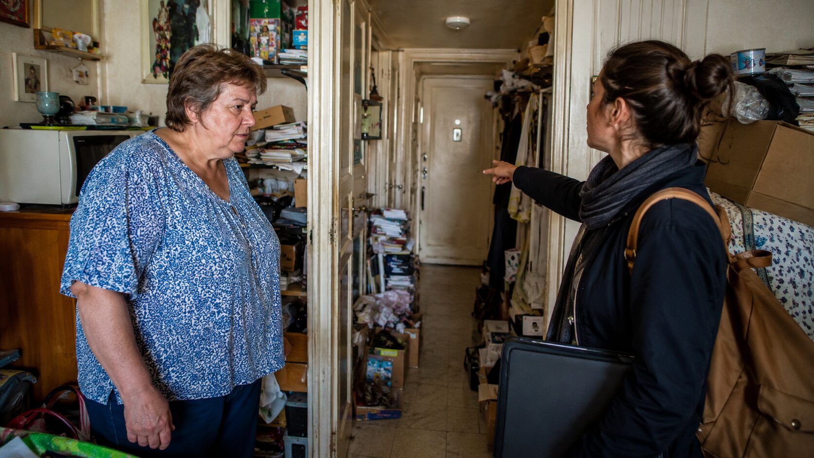 Intervenante accompagnant une femme dans un logement encombré afin d’identifier les risques de sécurité sans jugement.