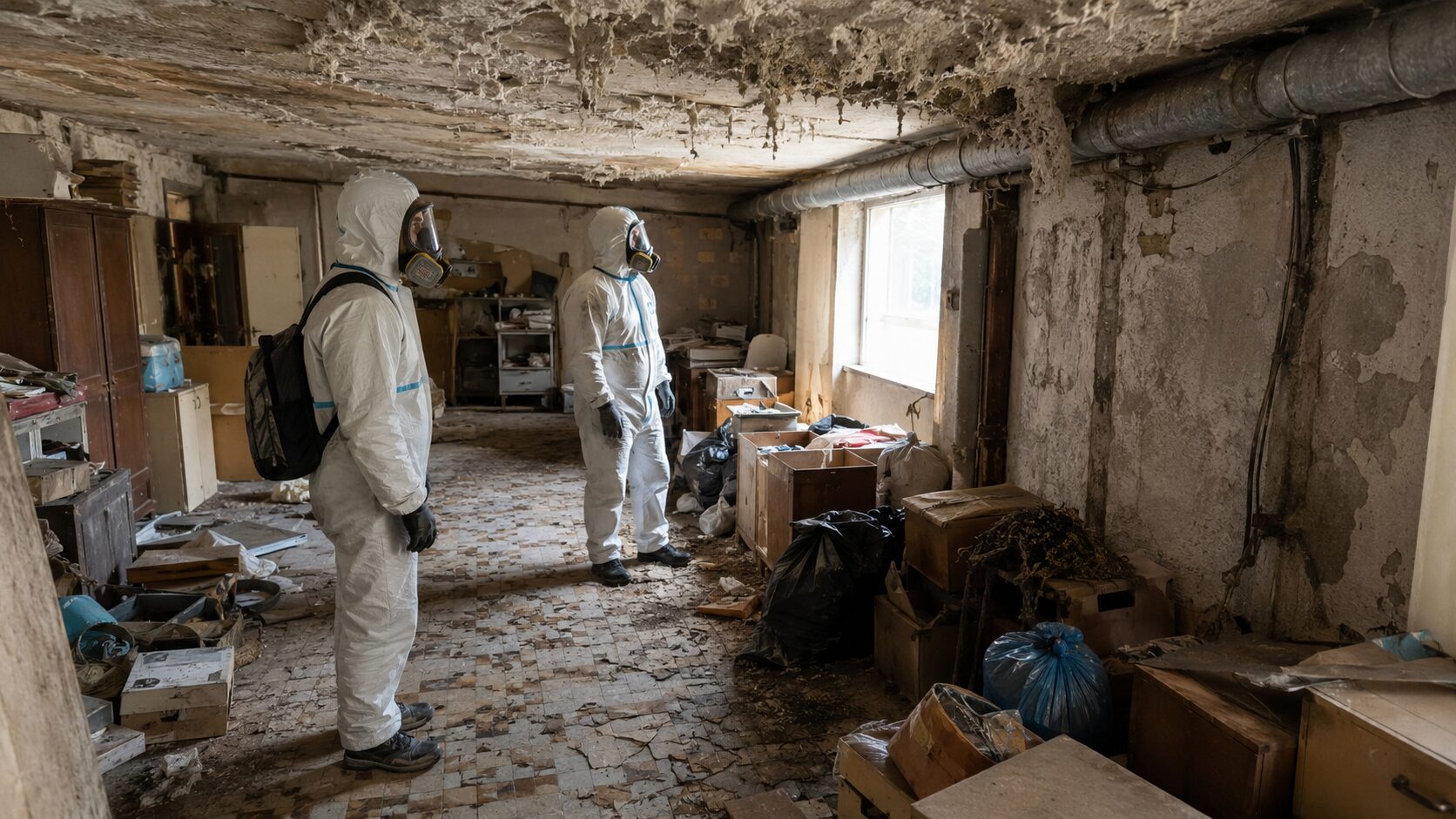 Professionnels en combinaison inspectant un logement très encombré avec dalles anciennes, flocage dégradé et conduits suspects d’amiante lors d’un débarras extrême.