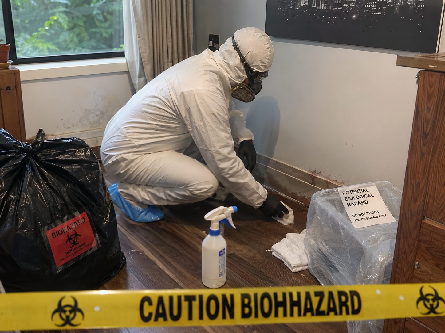 Technicien en combinaison de protection intervenant dans un logement contaminé par des restes biologiques ou un animal mort