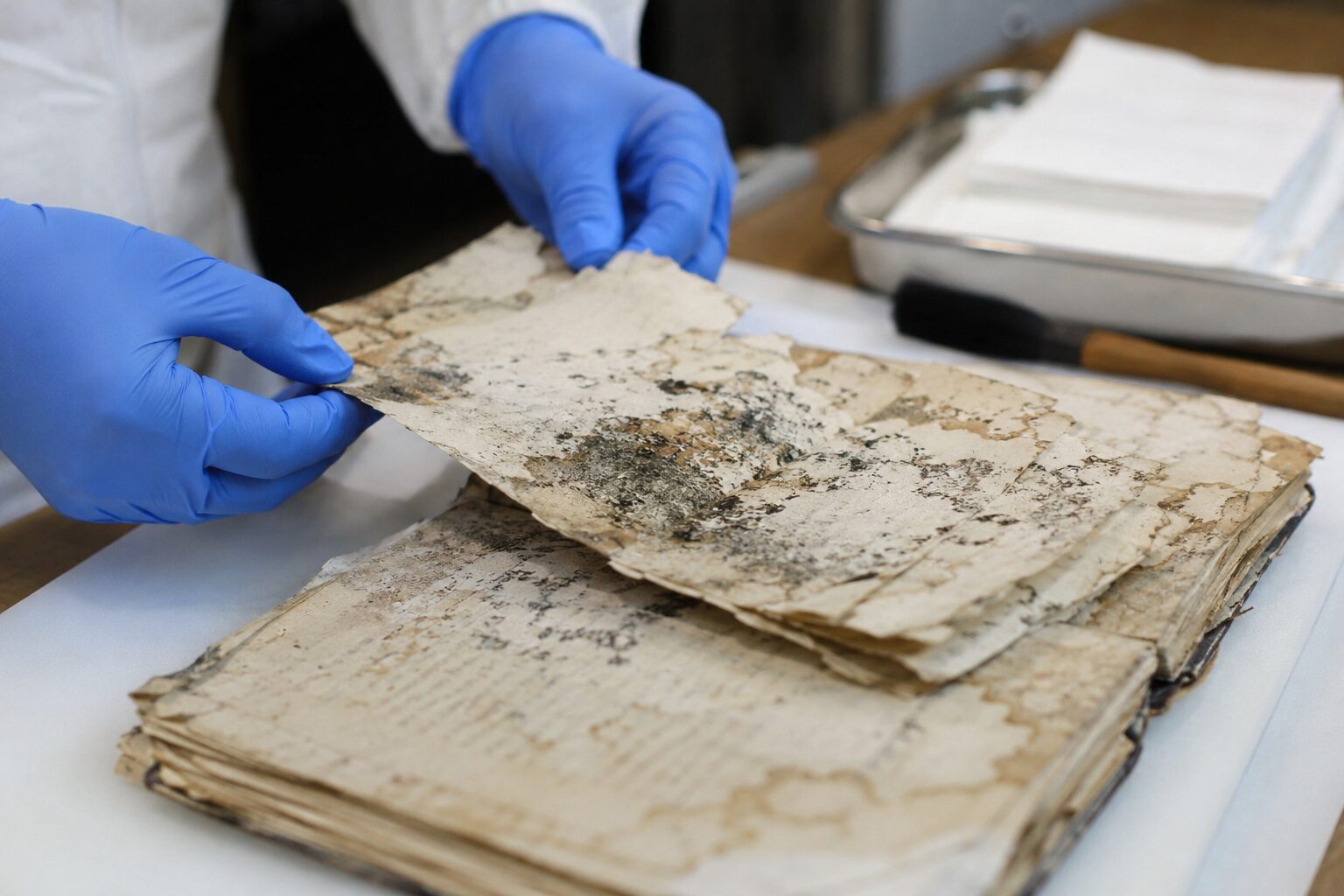Archiviste manipulant avec précaution des papiers moisis et collés pour préserver des documents anciens sans les détruire