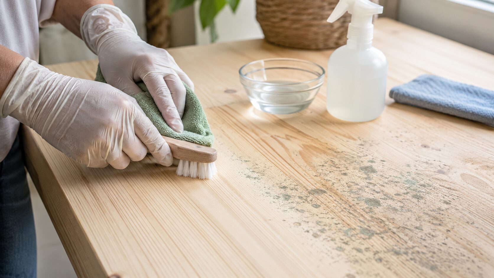 Nettoyage doux de traces de moisissures sur une table en bois brut avec une brosse souple et un chiffon, sans noircir le bois