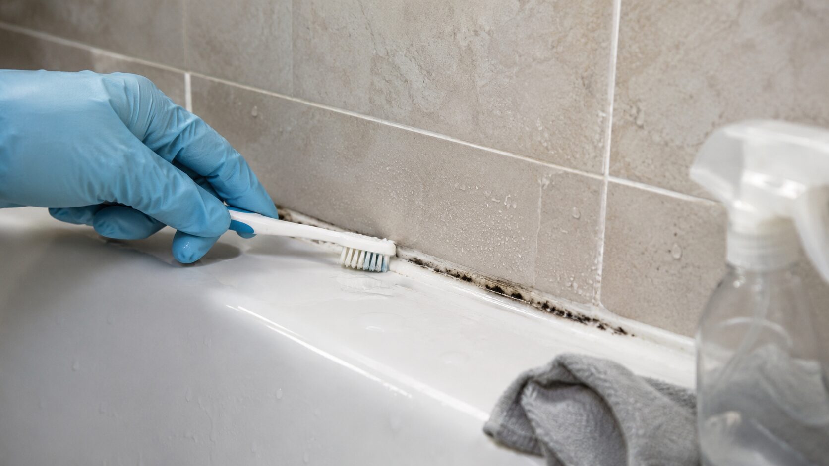 Main gantée nettoyant des taches noires de moisissures sur un joint en silicone de baignoire avec une brosse à dents