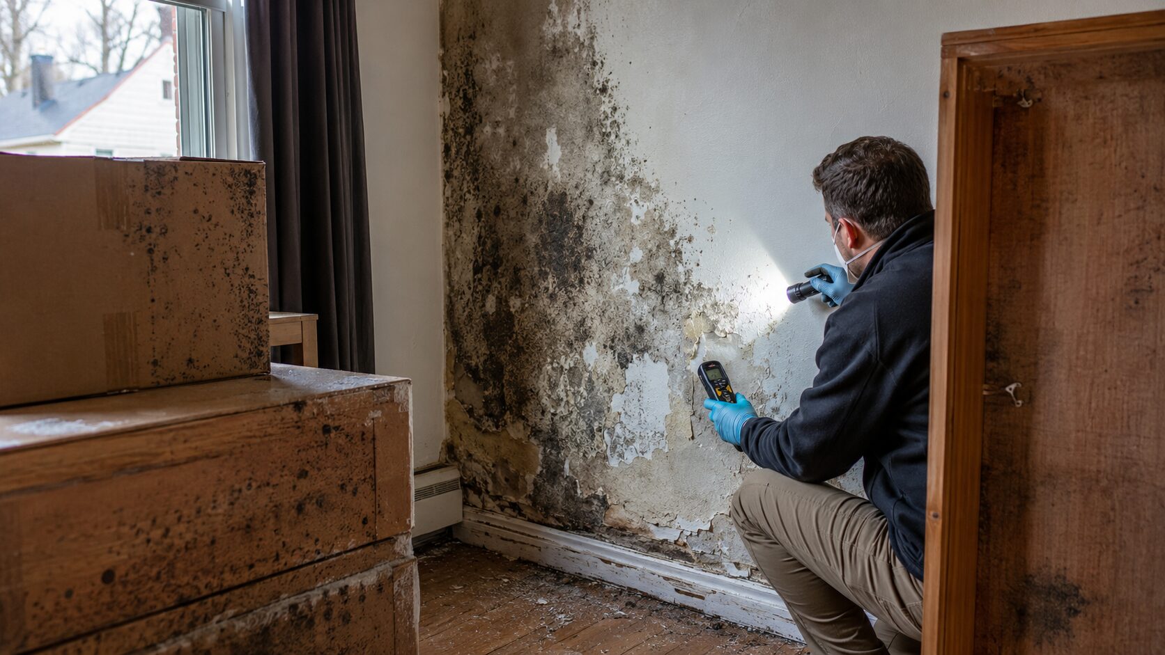 Inspection d’un mur humide avec moisissures structurelles après enlèvement de meubles et cartons contre la paroi