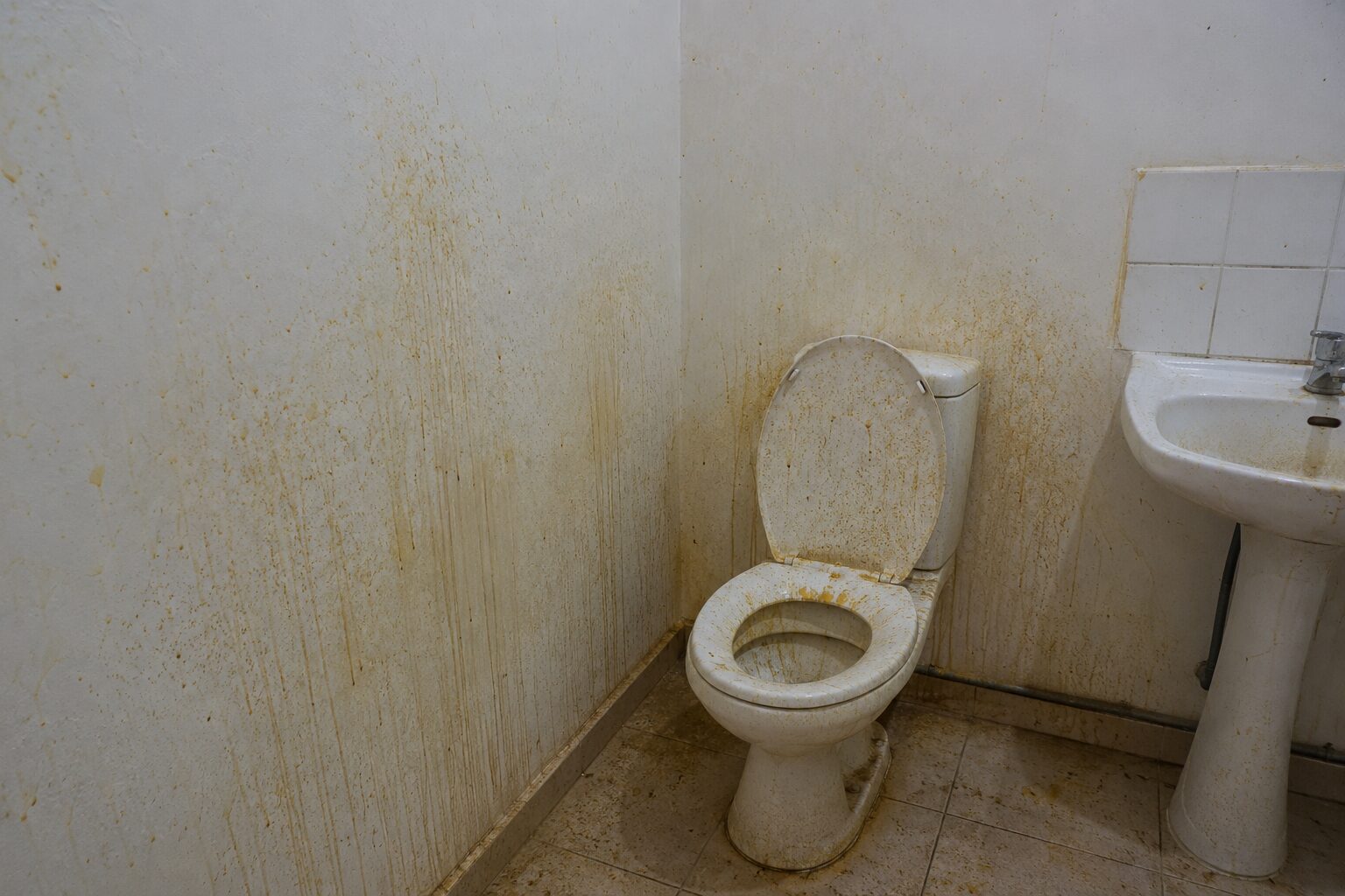 Salle de bain très sale avec traces d’urine projetées sur les murs, ruissellements visibles, toilettes souillées et sol contaminé nécessitant un nettoyage approfondi