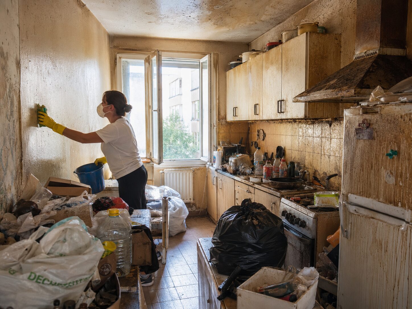 Nettoyage d’une cuisine Diogène avec murs imprégnés de graisse et d’odeurs de cuisson