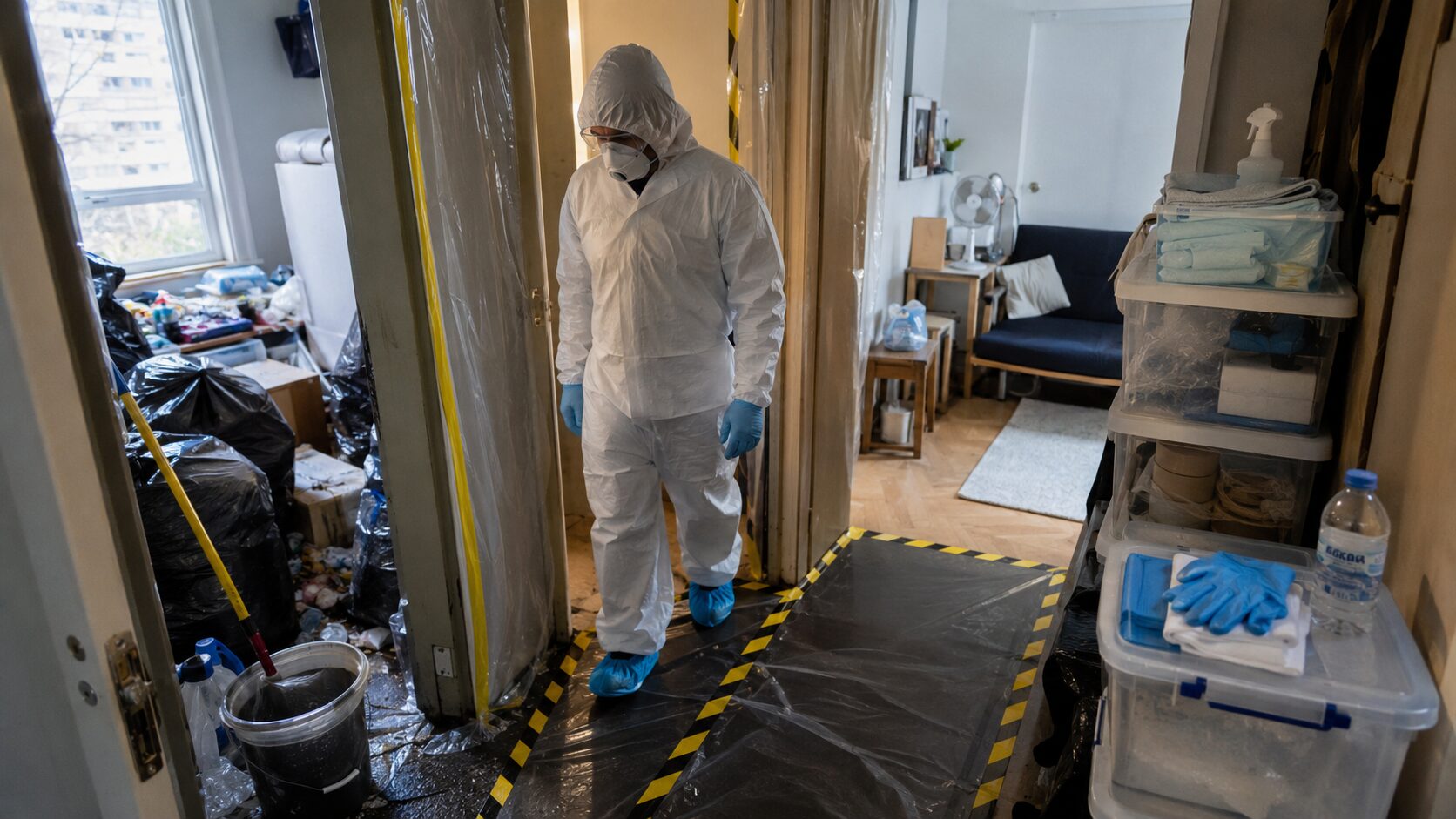 Agent de nettoyage en combinaison de protection organisant un sas propre sale dans un appartement exigu lors d’un nettoyage extrême.