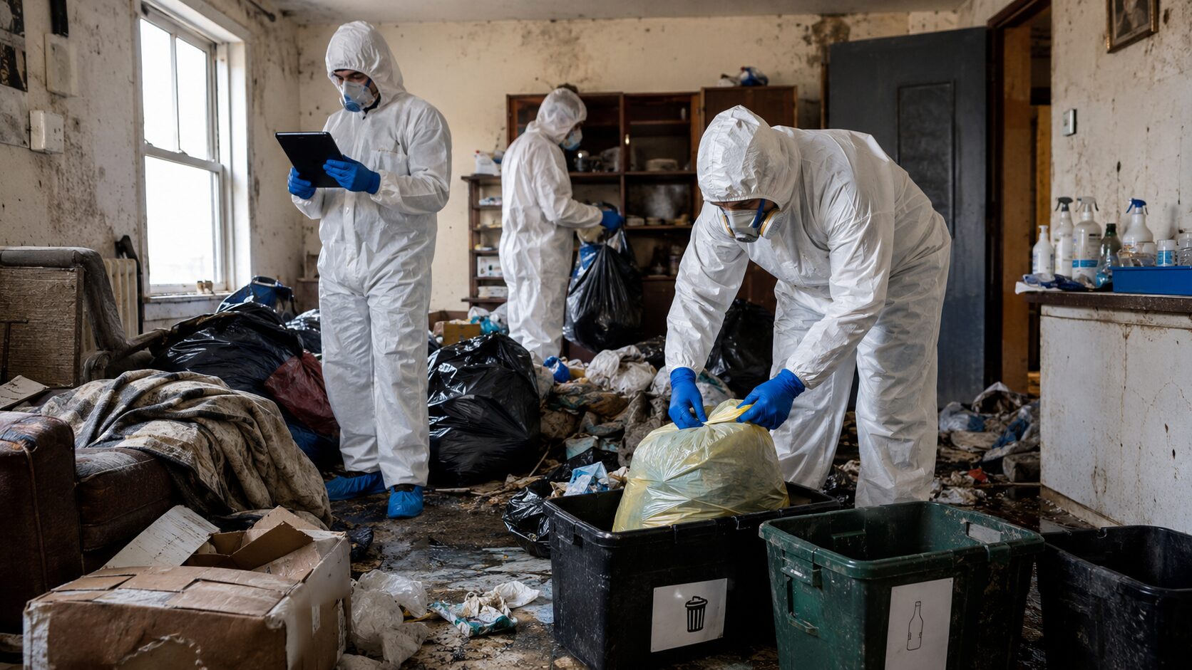 Équipe professionnelle de nettoyage extrême en combinaison de protection triant des déchets dans un logement insalubre avec suivi des protocoles et traçabilité.