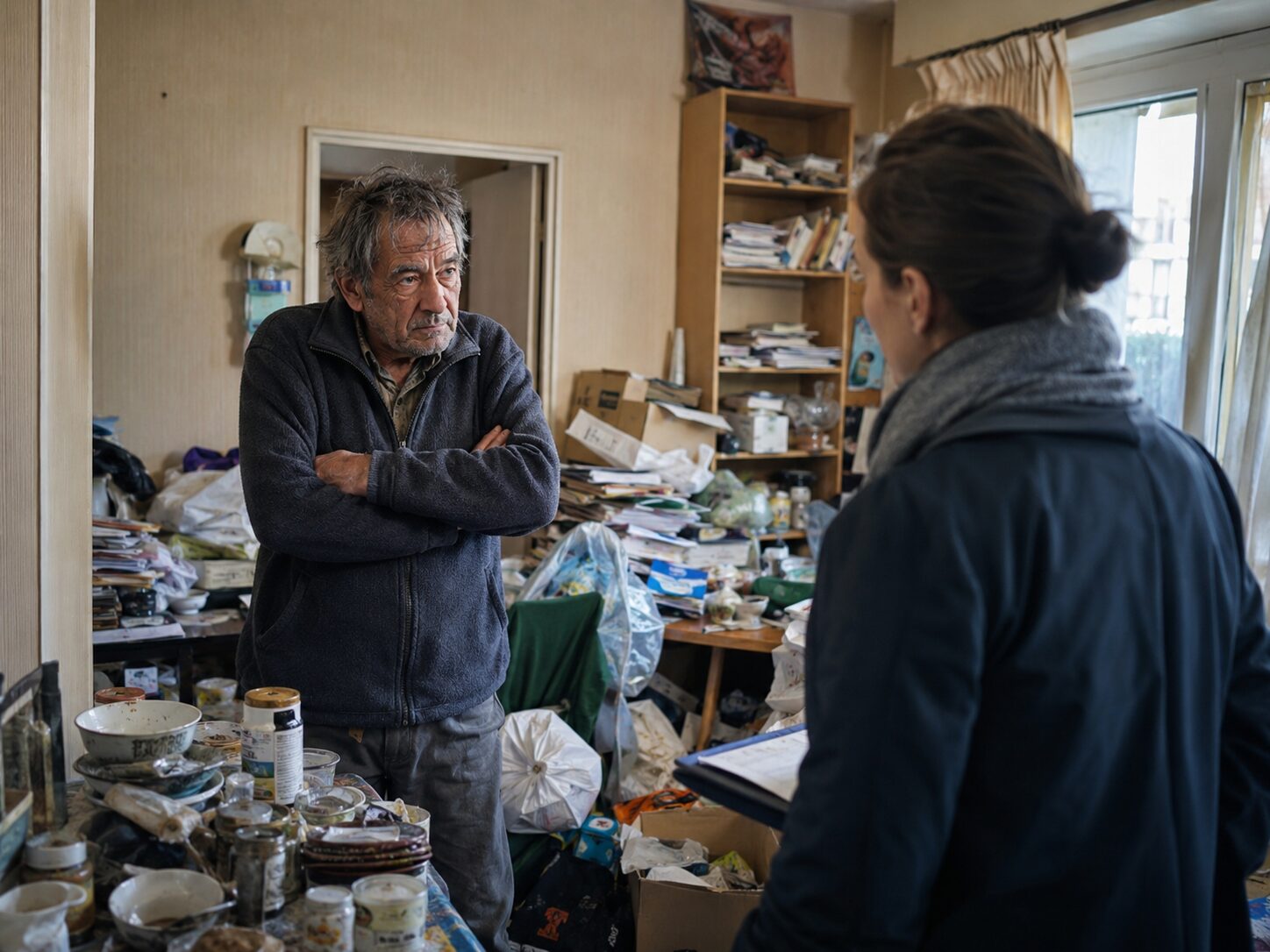 Patient opposant atteint du syndrome de Diogène échangeant avec une professionnelle dans un logement encombré
