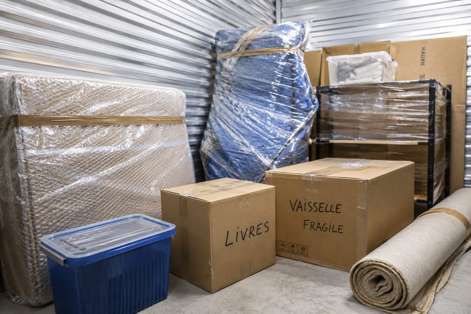 Objets emballés et cartons étiquetés dans un garde-meuble propre pour un stockage temporaire sans contamination