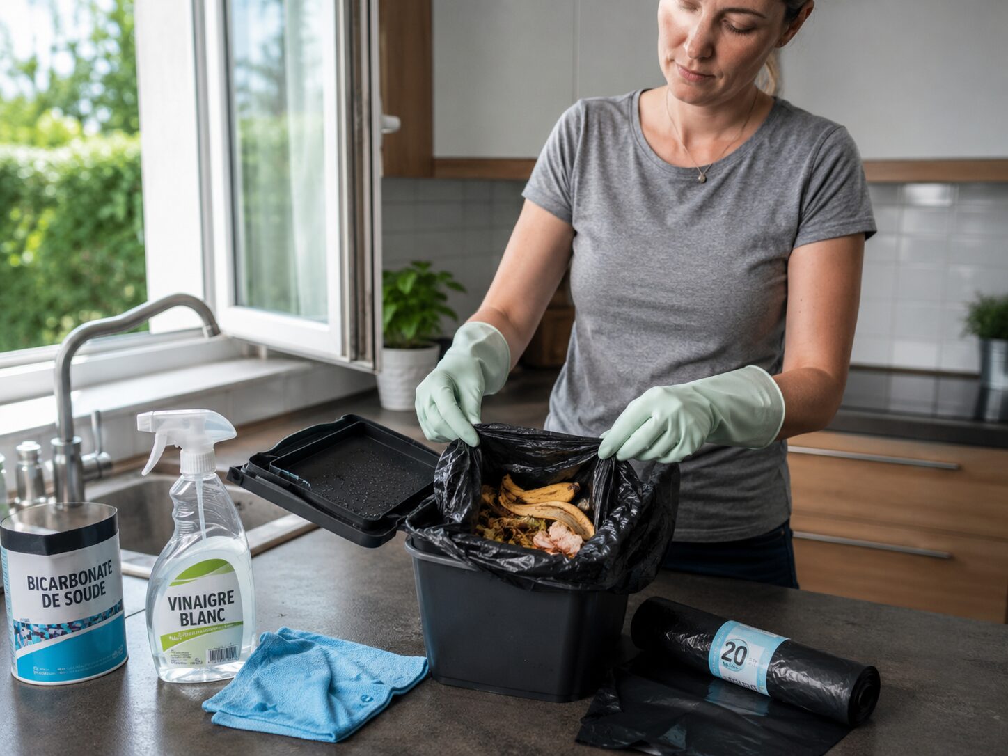 Personne portant des gants nettoyant une poubelle de cuisine contenant des déchets organiques anciens pour éliminer une odeur de putréfaction légère