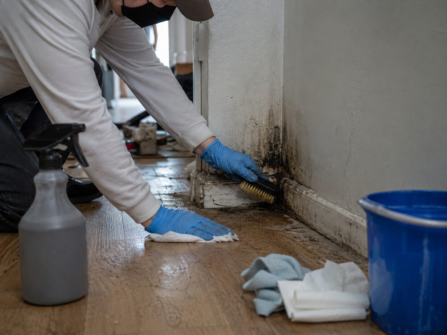 Personne équipée de gants nettoyant une plinthe et un coin noir touchés par un biofilm dans un logement en incurie.