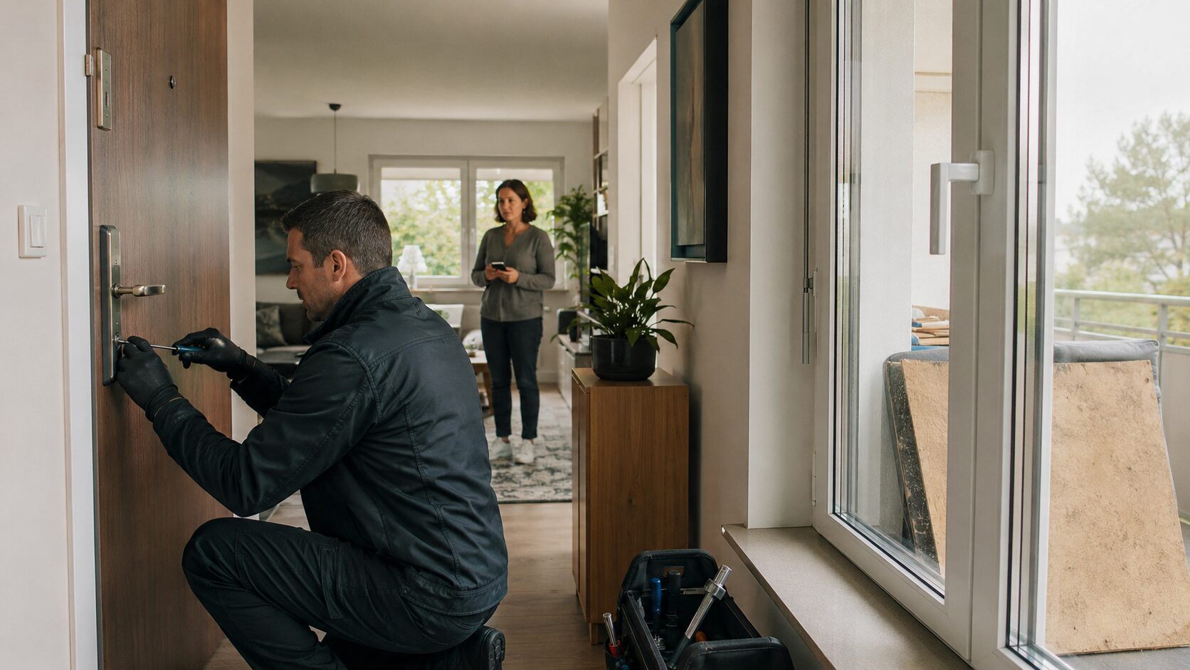 Serrurier sécurisant une intervention dans un appartement avec porte bloquée, fenêtre fermée et accès balcon obstrué