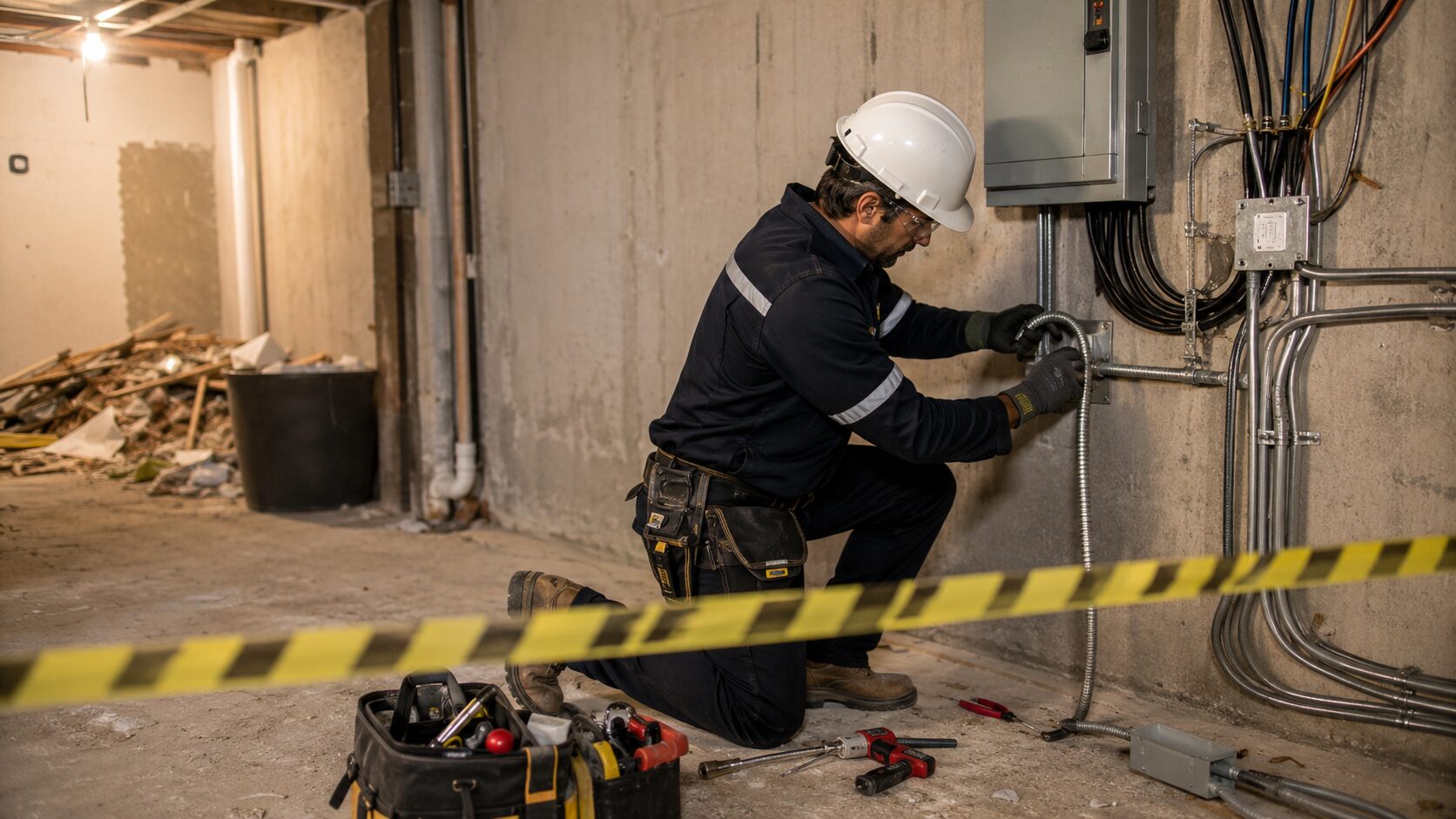Électricien sécurisant des circuits électriques exposés après le dégagement d’un amas de déchets dans un sous-sol