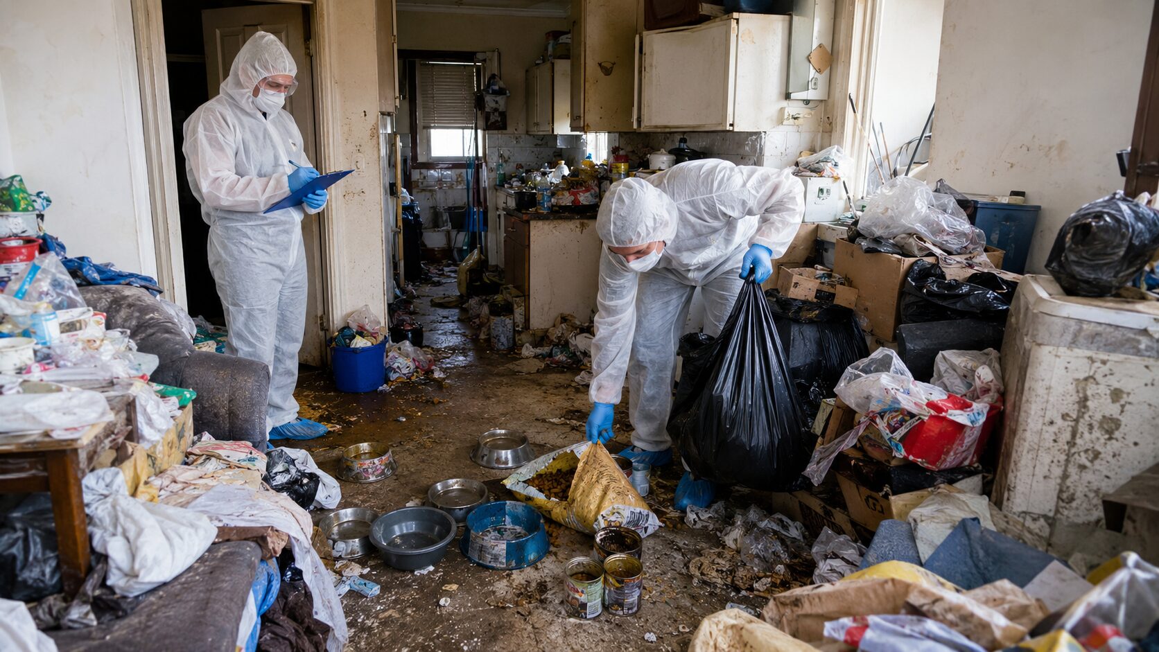 Intervention de nettoyage dans un logement Diogène avec nourriture pour animaux pourrie, déchets, gamelles souillées et agents équipés de protections sanitaires.