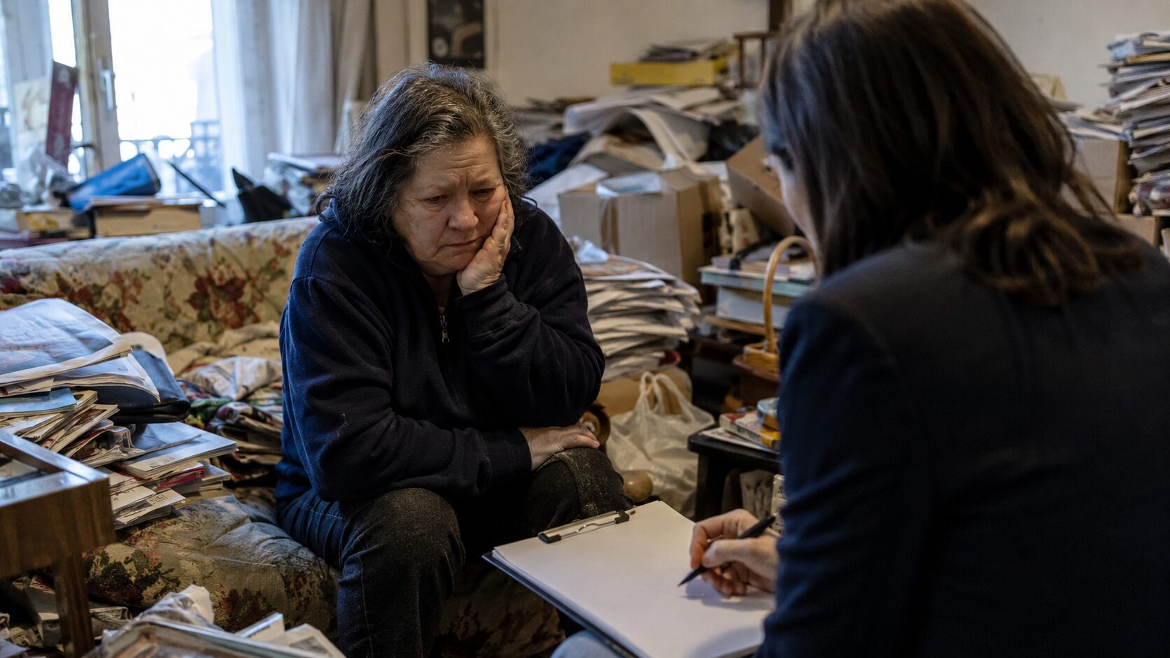 Personne en détresse accompagnée par une professionnelle dans un logement encombré évoquant un syndrome de Diogène