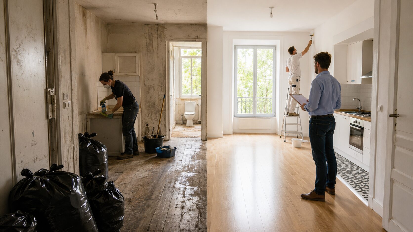 Remise en état d’un logement après débarras insalubre avec nettoyage, rénovation et contrôle avant relocation