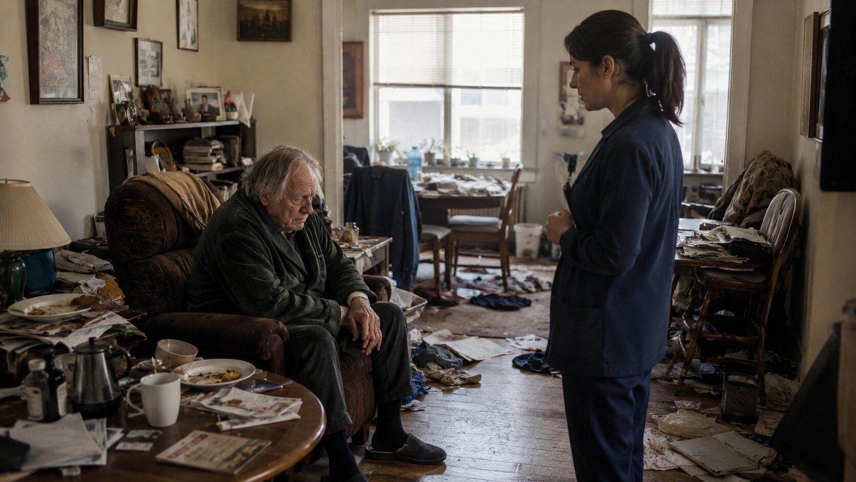 Patient âgé en situation d’incurie assis dans un logement encombré avec une professionnelle de santé attentive à ses difficultés du quotidien