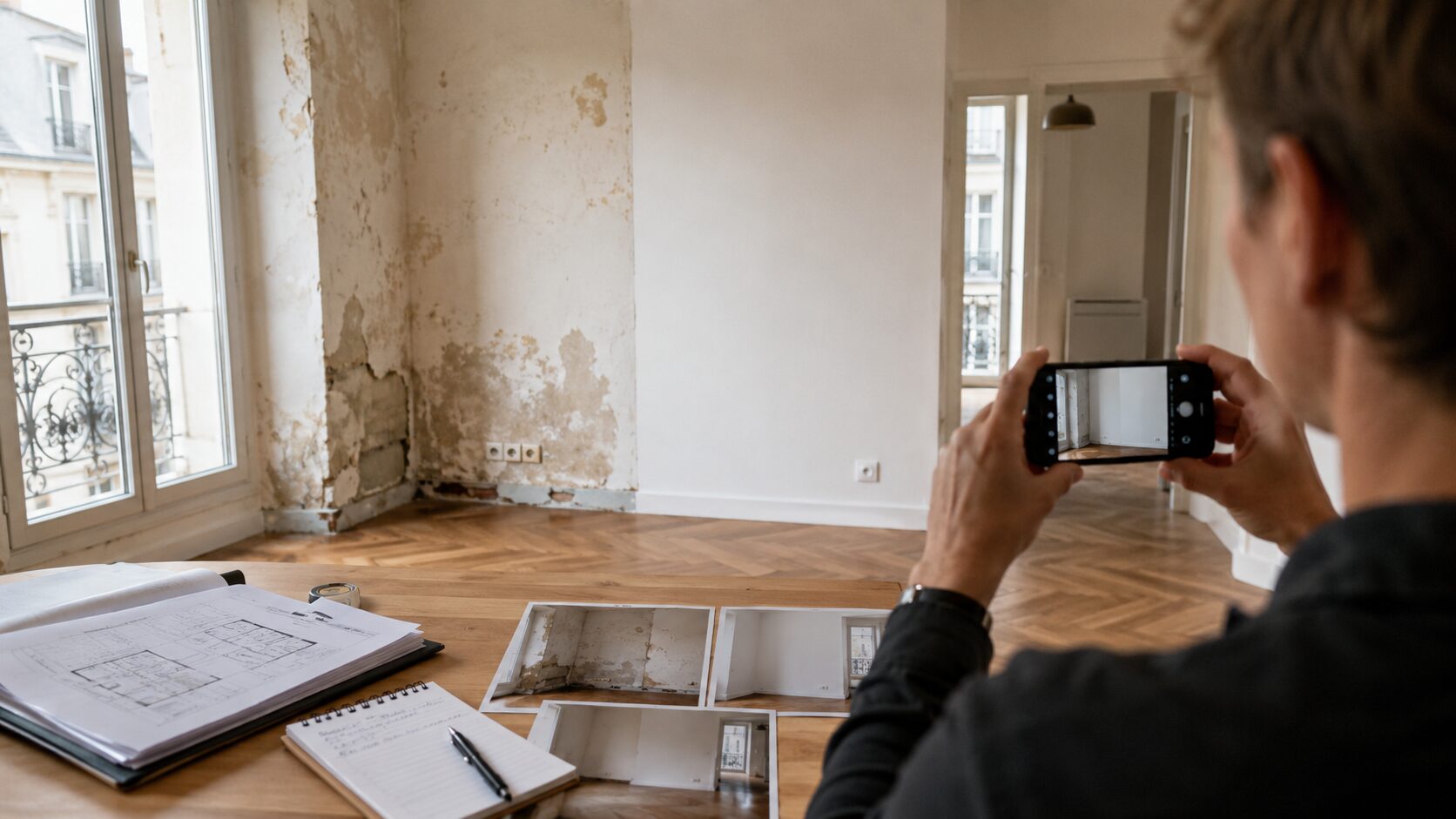 Personne réalisant un reportage photo avant/après dans un appartement pour documenter des travaux et constituer un dossier exploitable par une assurance, un bailleur ou un notaire