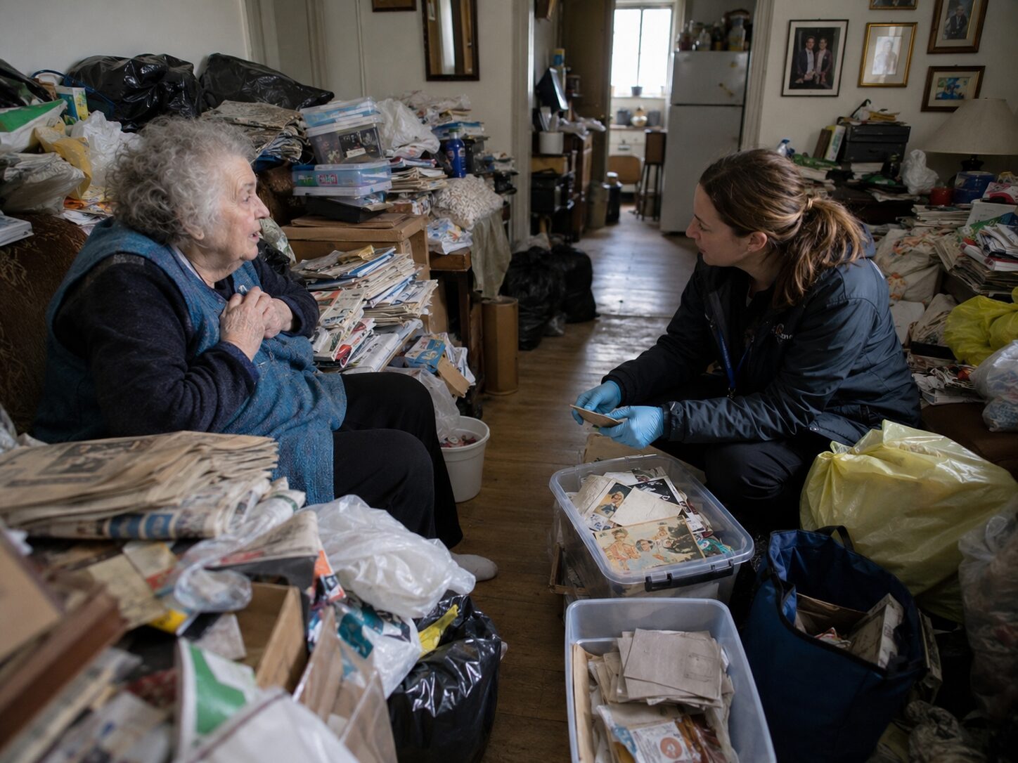 Résidente âgée discutant avec une professionnelle dans un logement très encombré afin de trier les déchets majoritaires tout en préservant les objets importants.