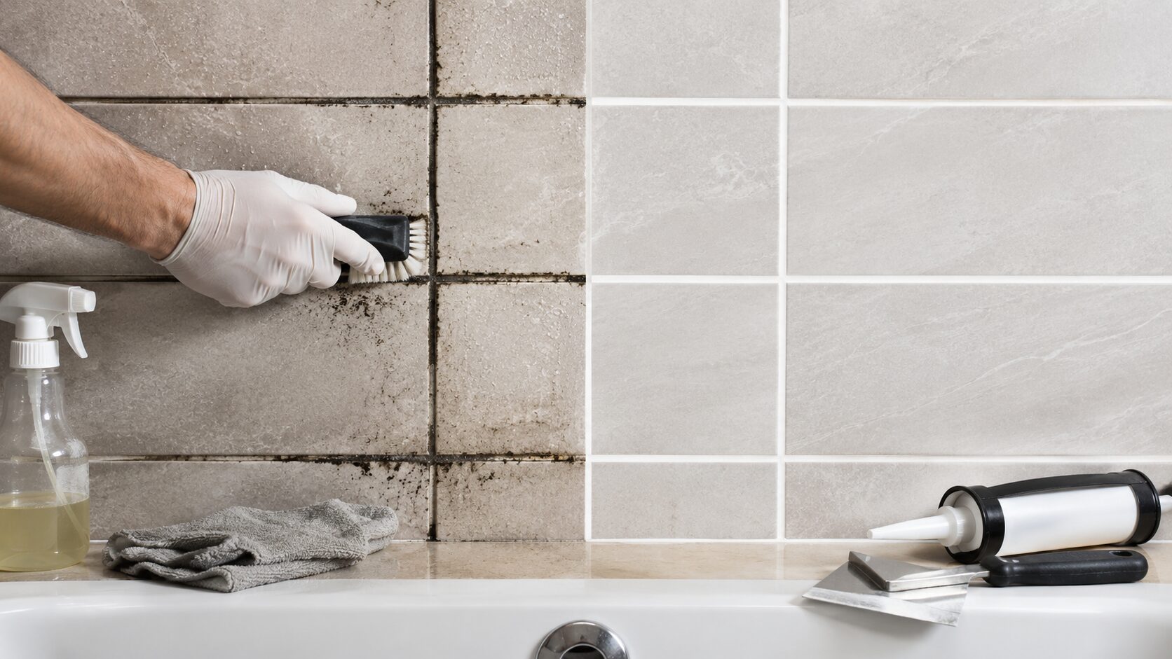 Comparaison entre des joints de carrelage noircis en cours de nettoyage et des joints remplacés propres dans une salle de bain