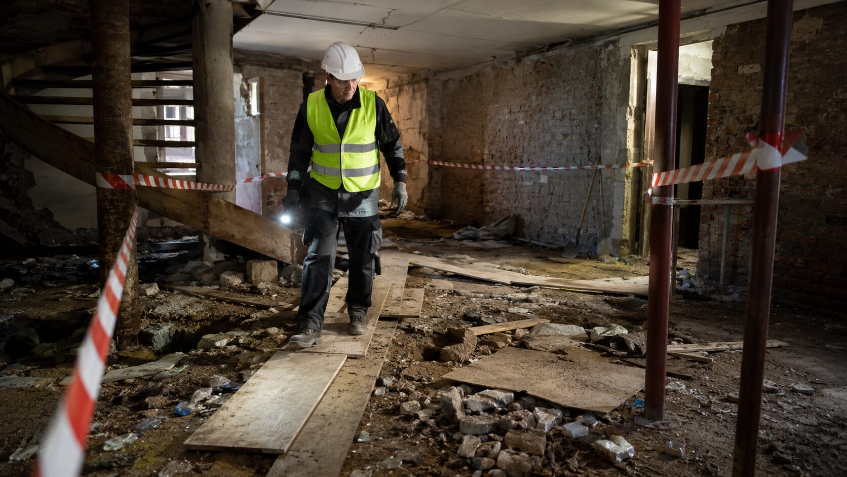Professionnel équipé sécurisant un sol instable recouvert de déchets, gravats, clous et verre dans un chantier balisé