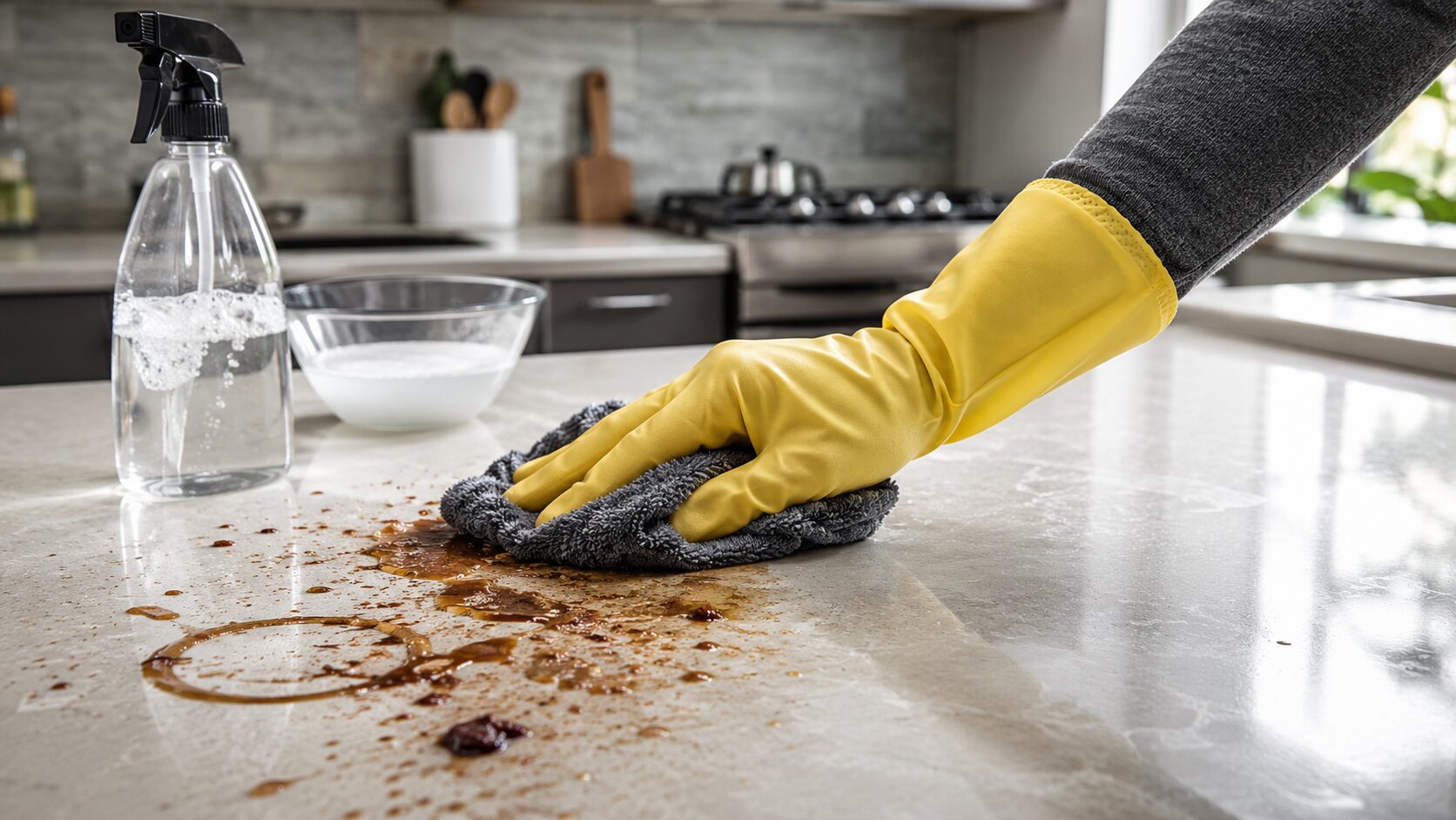 Main avec gant jaune nettoyant une surface de cuisine collante avec des traces de soda séché et d’aliments renversés